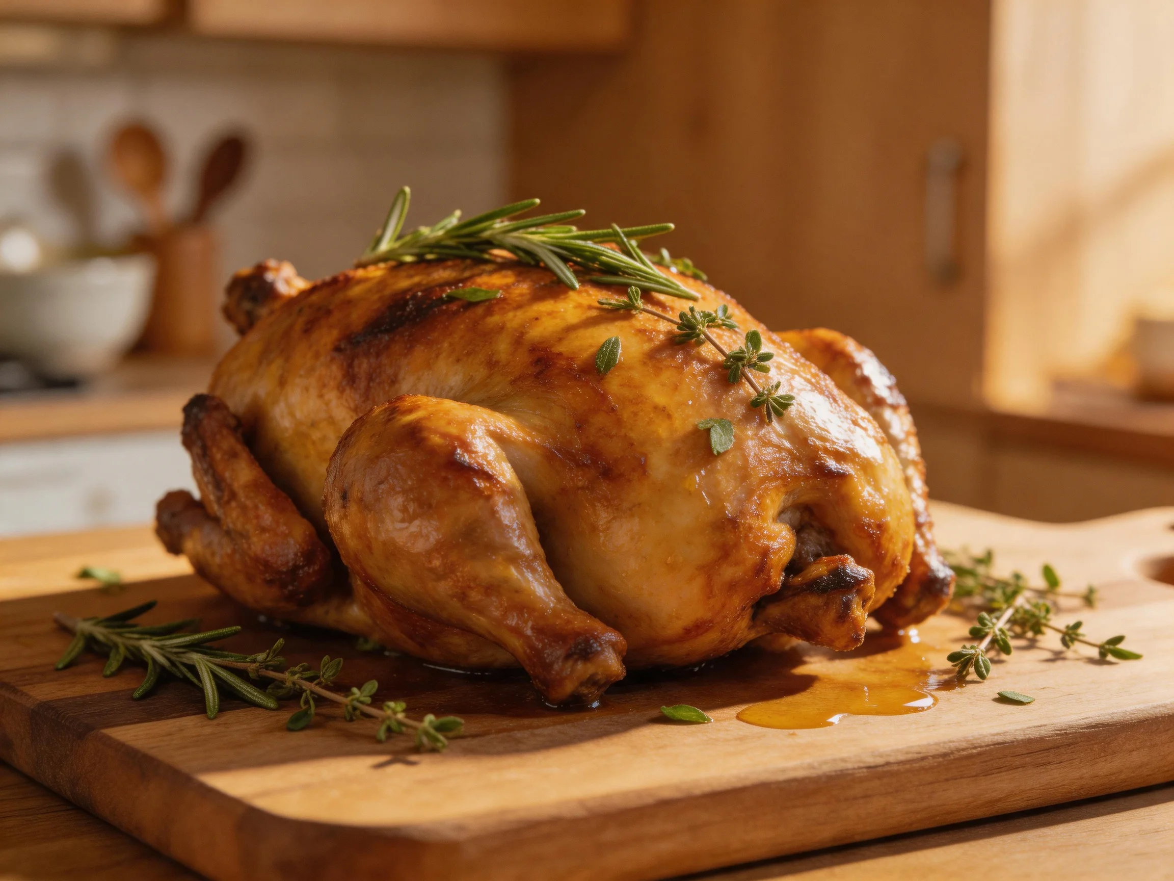 Golden-brown roasted chicken garnished with fresh herbs on a wooden cutting board