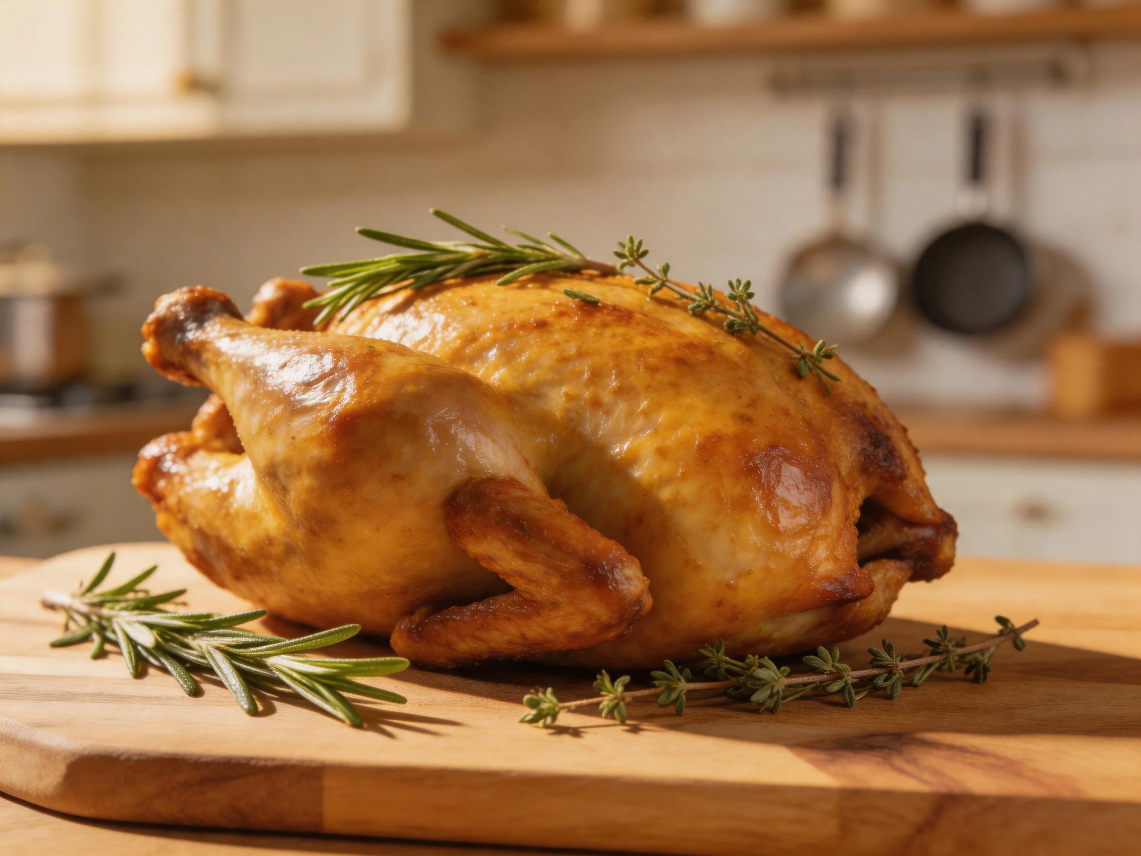 Golden-brown roasted chicken garnished with fresh herbs on a wooden cutting board