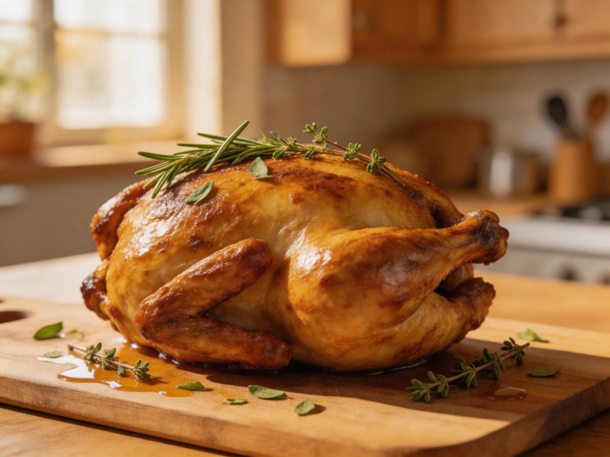 Golden-brown roasted chicken garnished with fresh herbs on a wooden cutting board