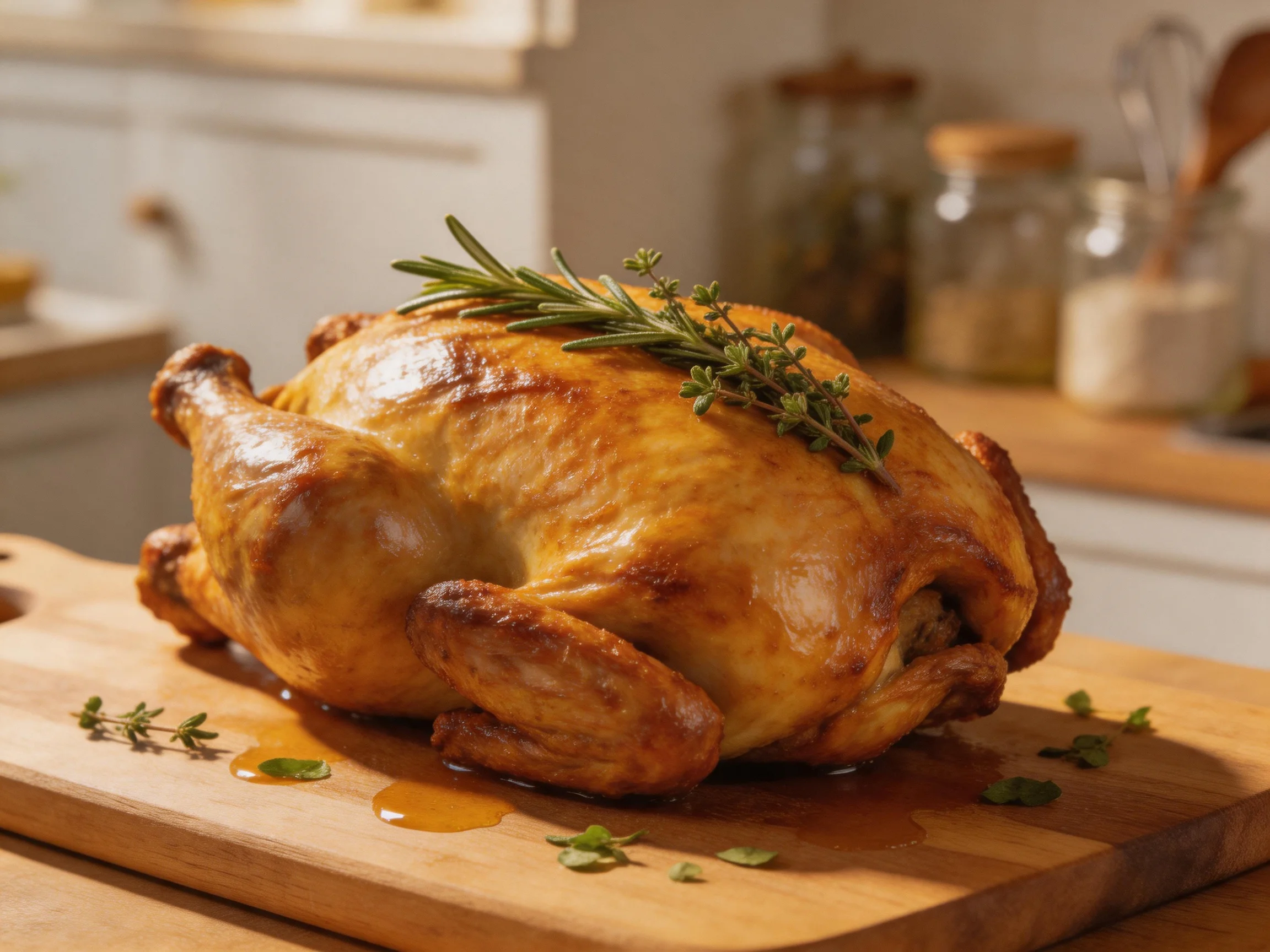 Golden-brown roasted chicken garnished with fresh herbs on a wooden cutting board