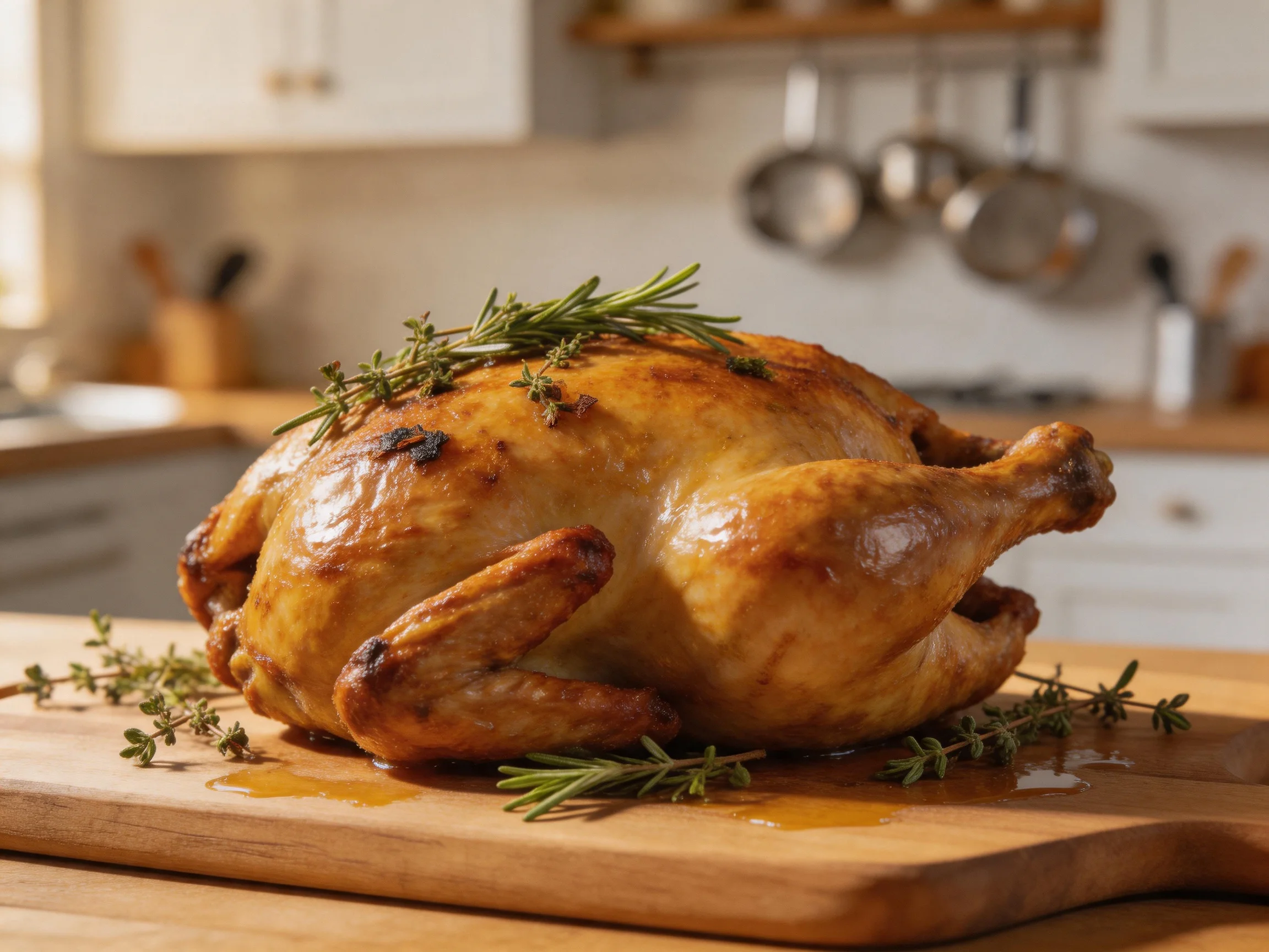 Golden-brown roasted chicken garnished with fresh herbs on a wooden cutting board