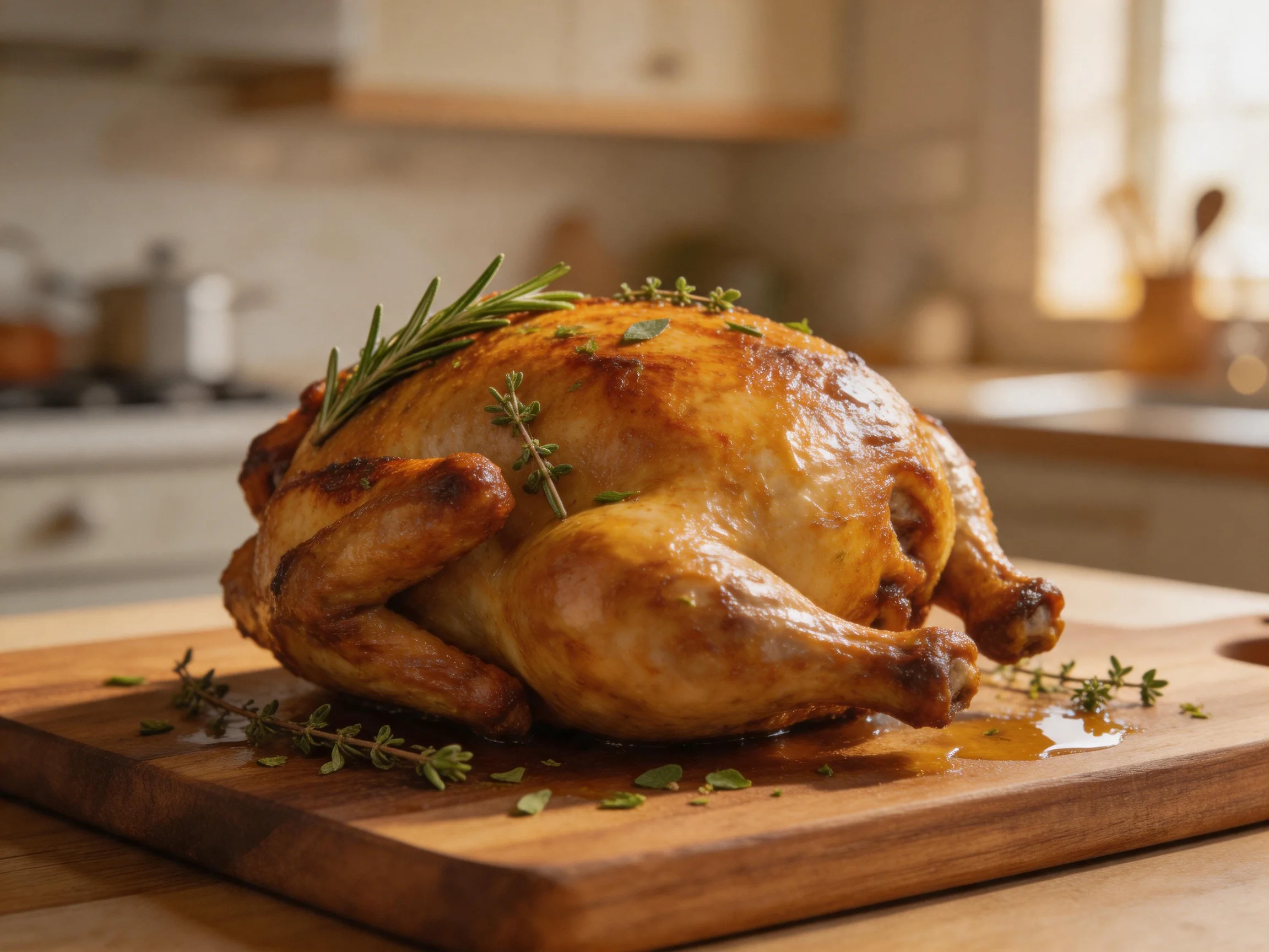 Golden-brown roasted chicken garnished with fresh herbs on a wooden cutting board