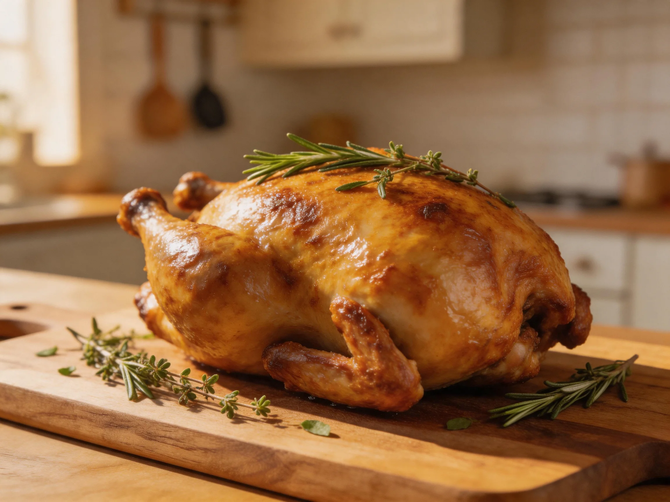 Golden-brown roasted chicken garnished with fresh herbs on a wooden cutting board