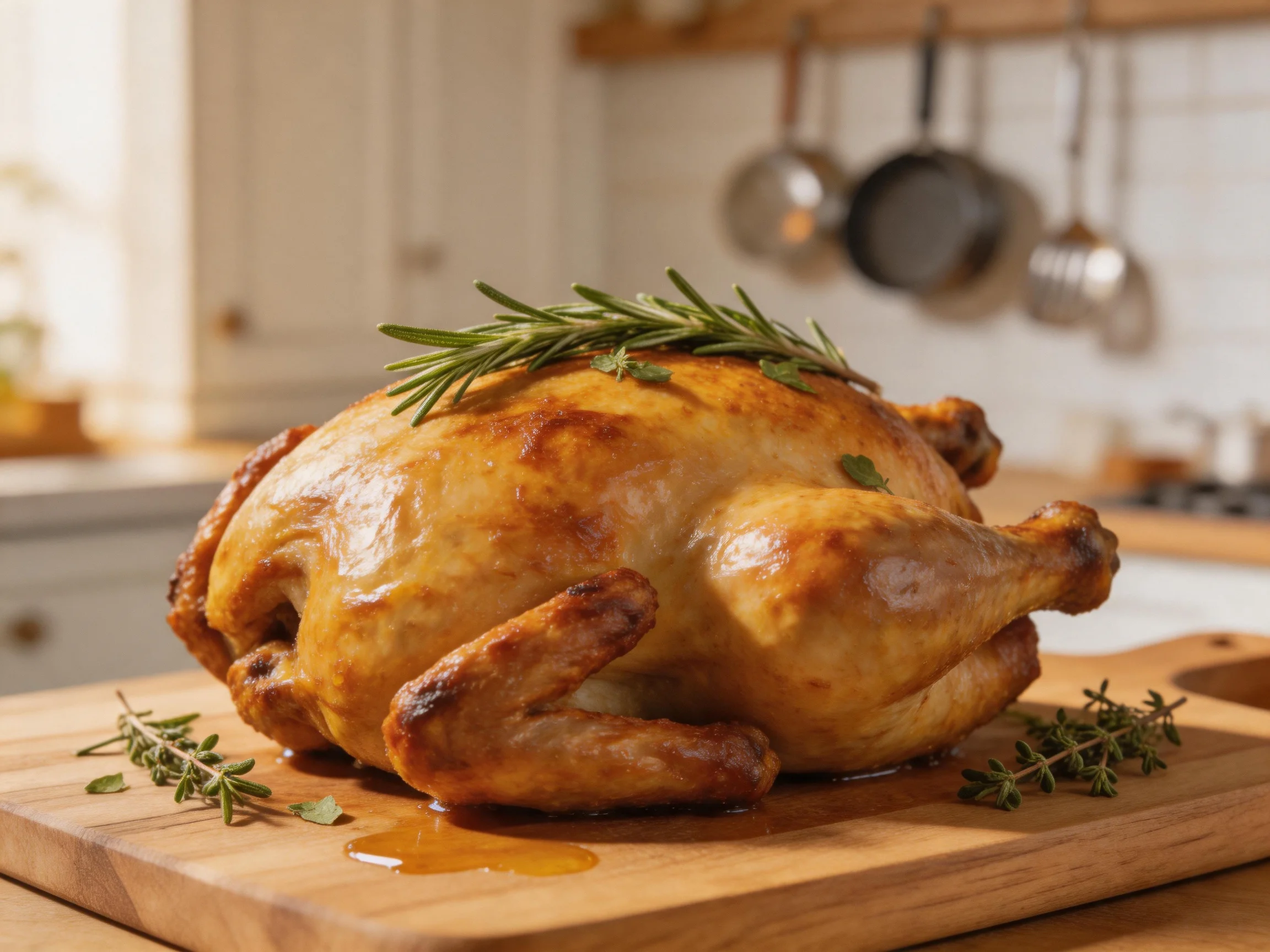 Golden-brown roasted chicken garnished with fresh herbs on a wooden cutting board