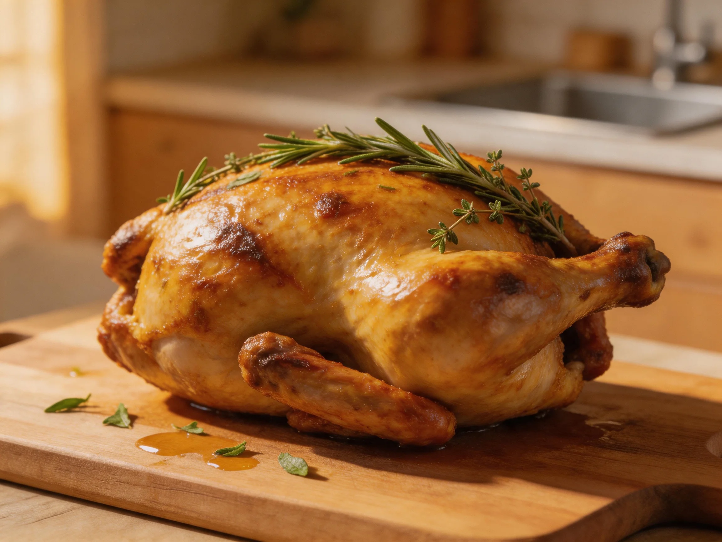 Golden-brown roasted chicken garnished with fresh herbs on a wooden cutting board