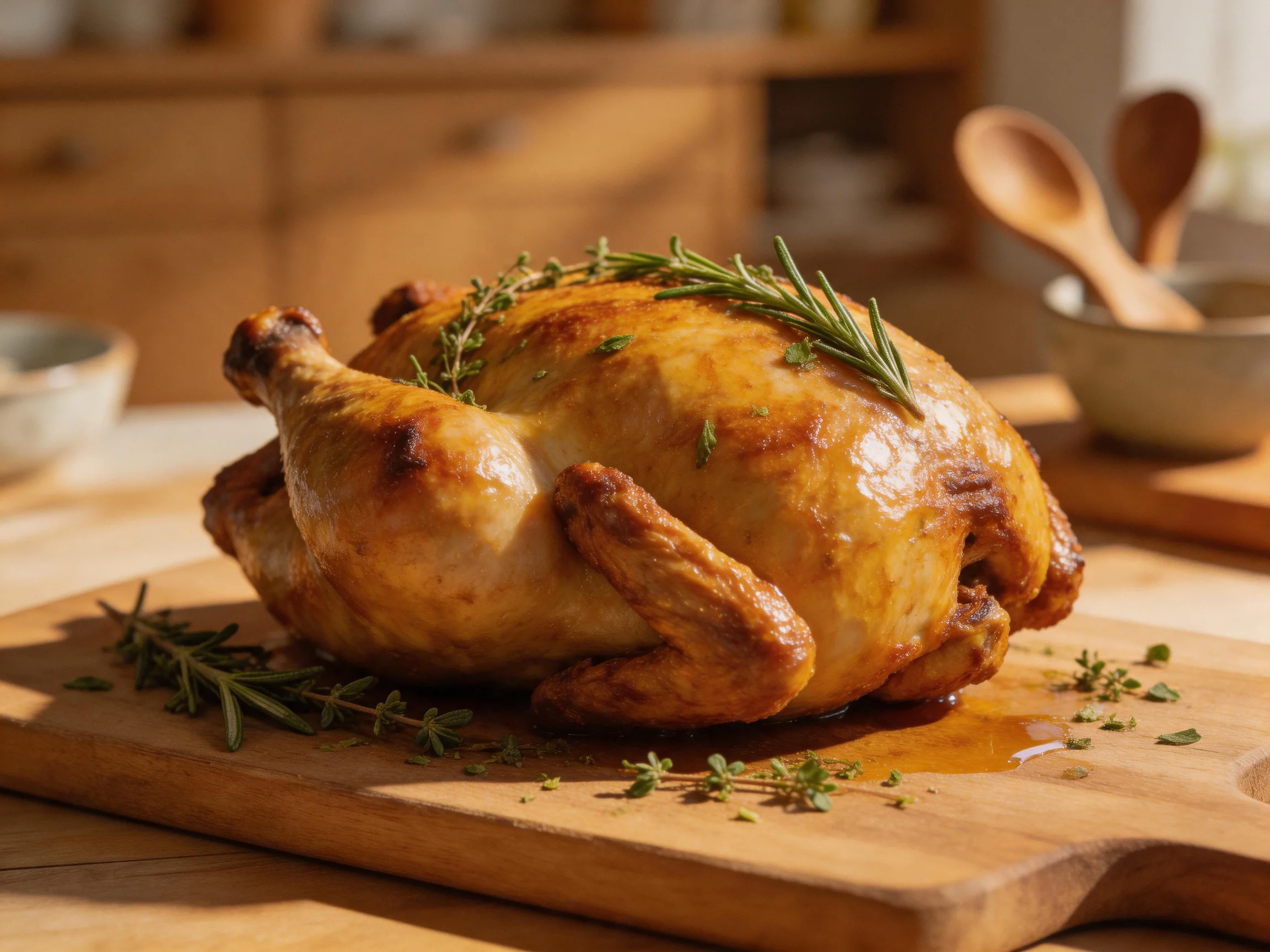 Golden-brown roasted chicken garnished with fresh herbs on a wooden cutting board