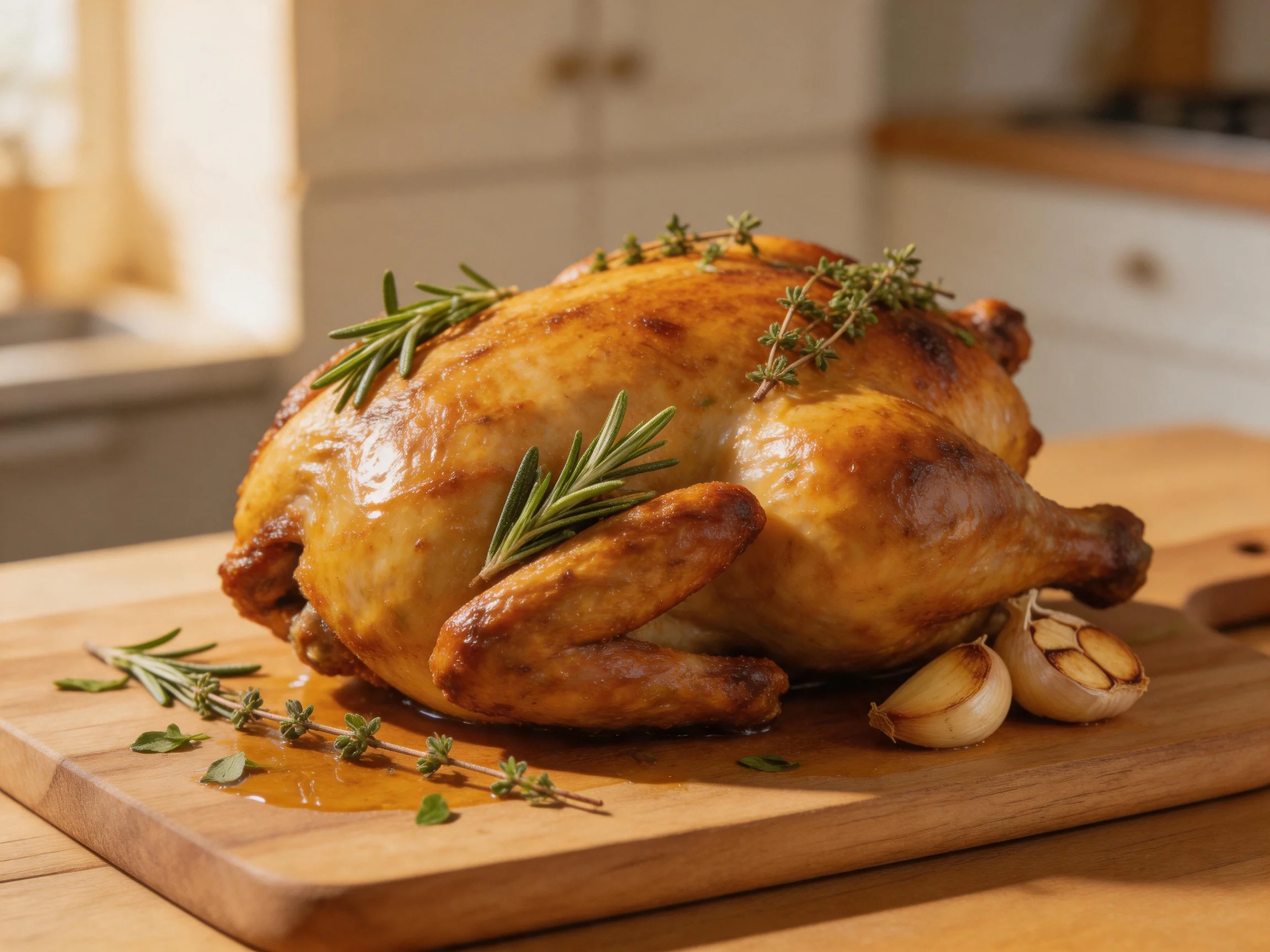 Golden-brown roasted chicken garnished with fresh herbs on a wooden cutting board