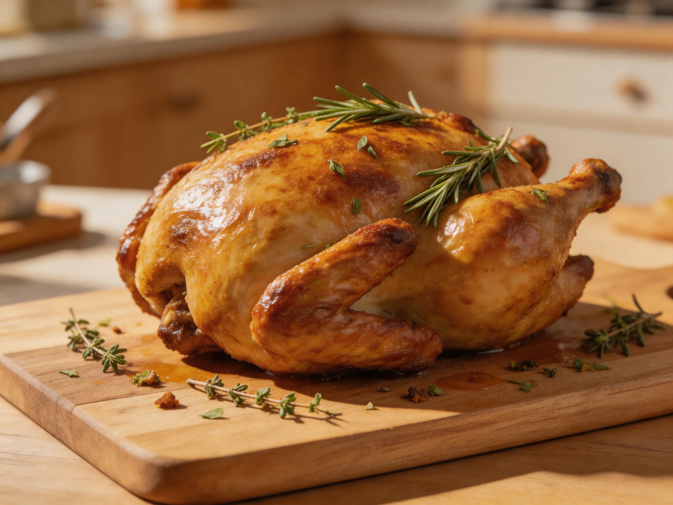 Golden-brown roasted chicken garnished with fresh herbs on a wooden cutting board
