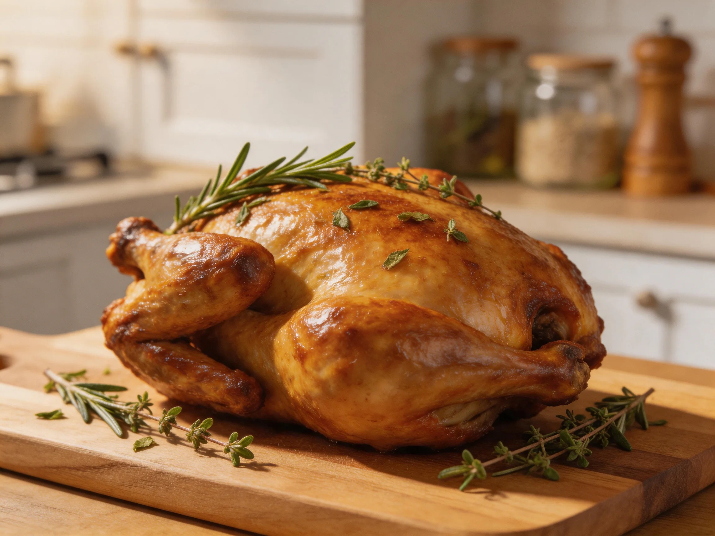 Golden-brown roasted chicken garnished with fresh herbs on a wooden cutting board
