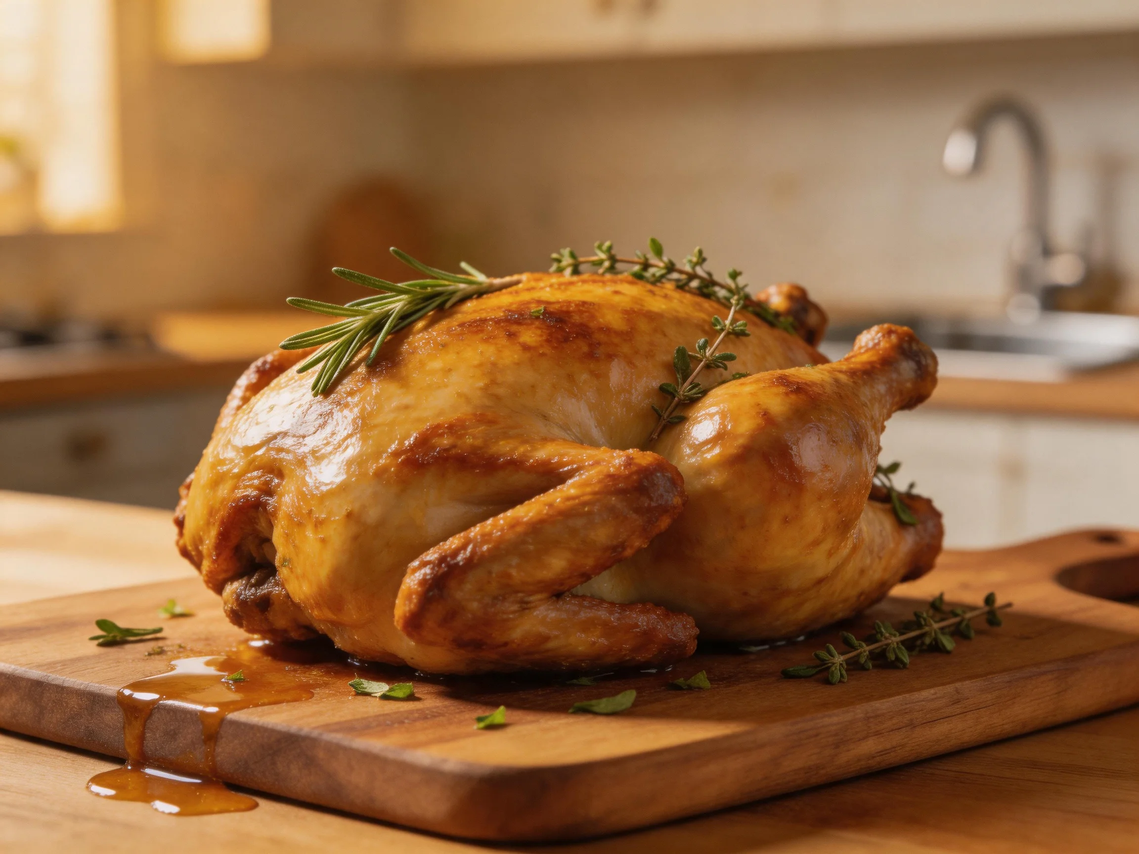 Golden-brown roasted chicken garnished with fresh herbs on a wooden cutting board