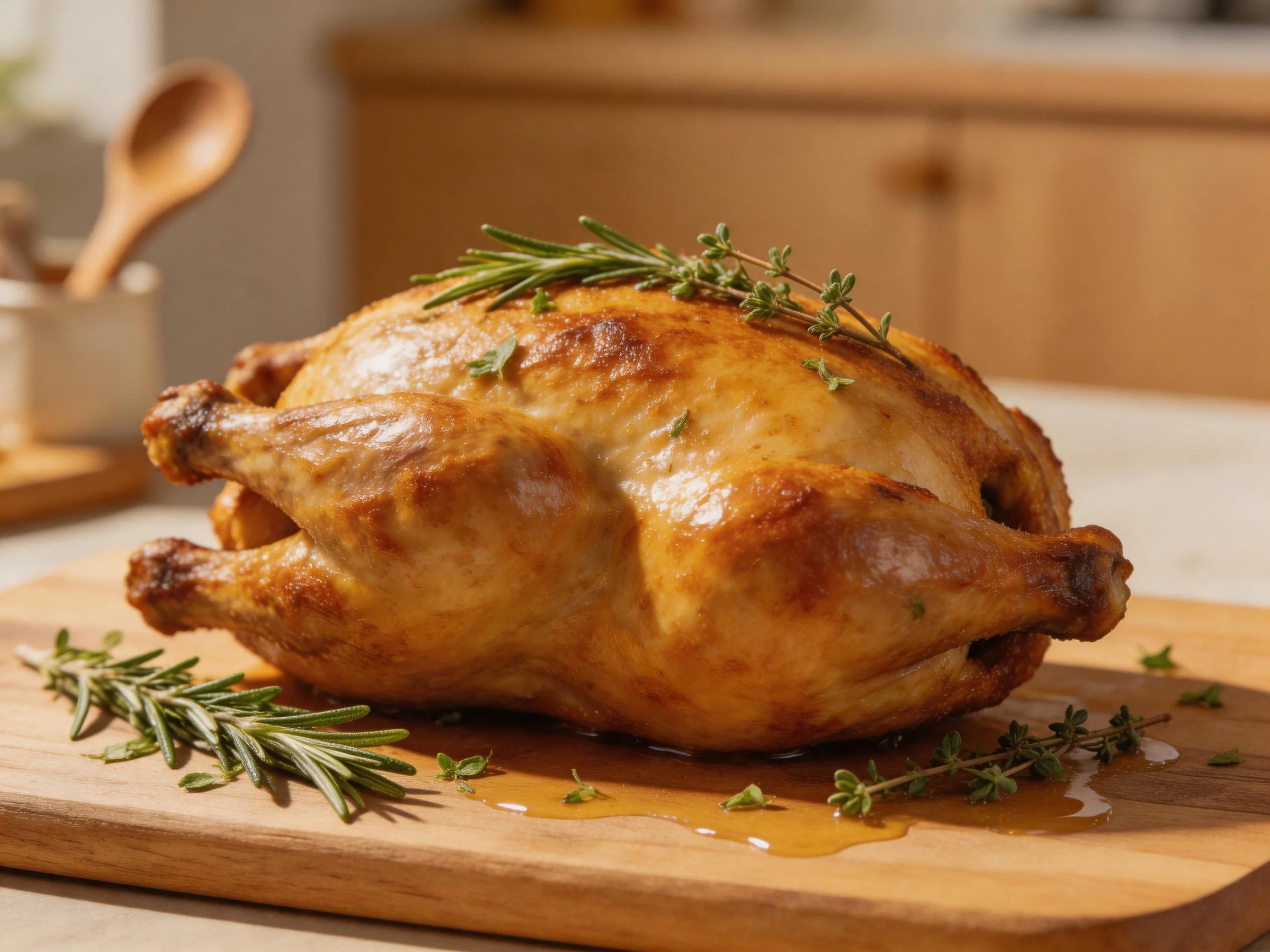 Golden-brown roasted chicken garnished with fresh herbs on a wooden cutting board