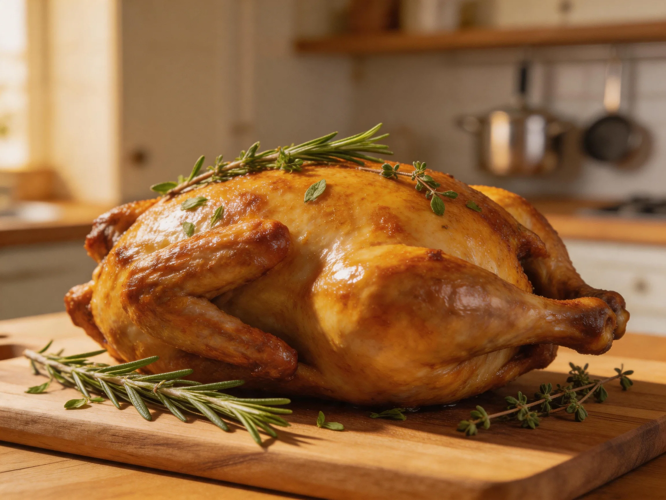 Golden-brown roasted chicken garnished with fresh herbs on a wooden cutting board