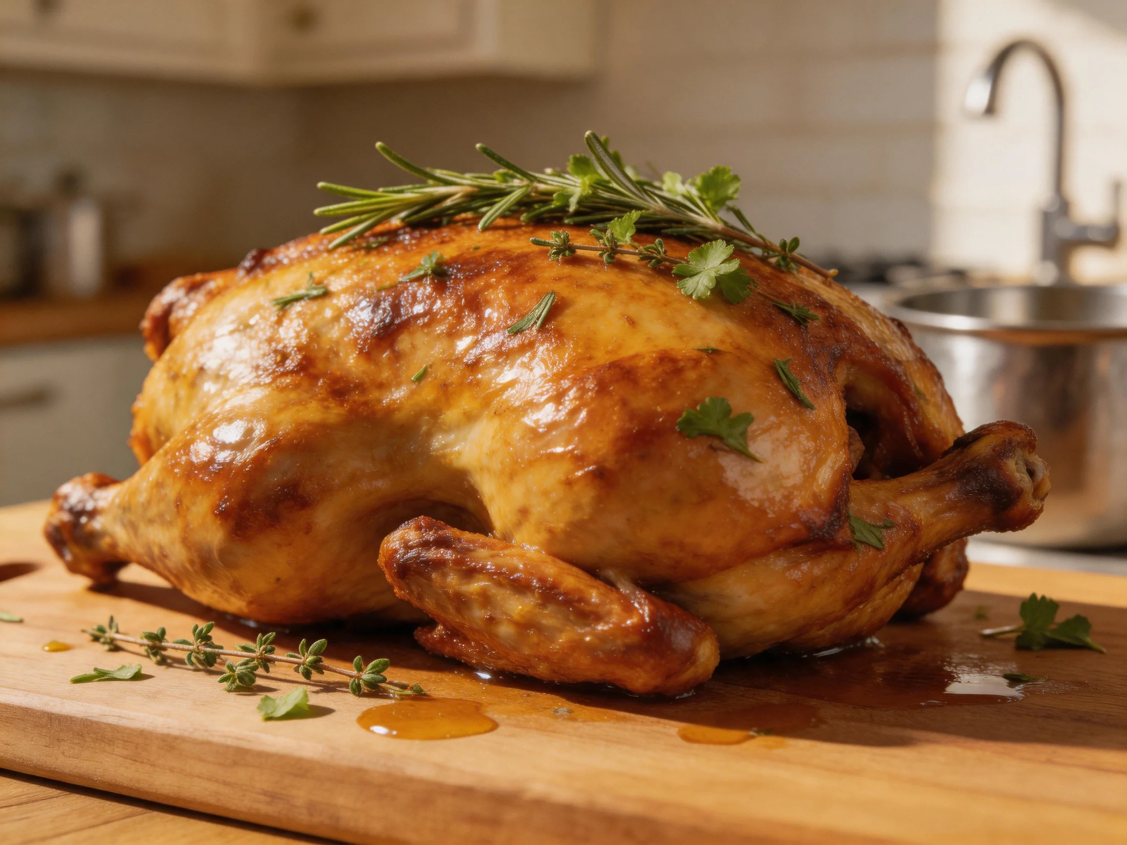 Golden-brown roasted chicken garnished with fresh herbs on a wooden cutting board