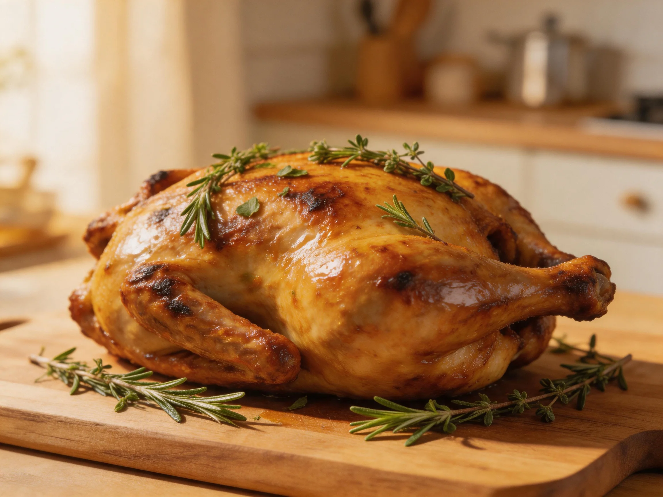 Golden-brown roasted chicken garnished with fresh herbs on a wooden cutting board