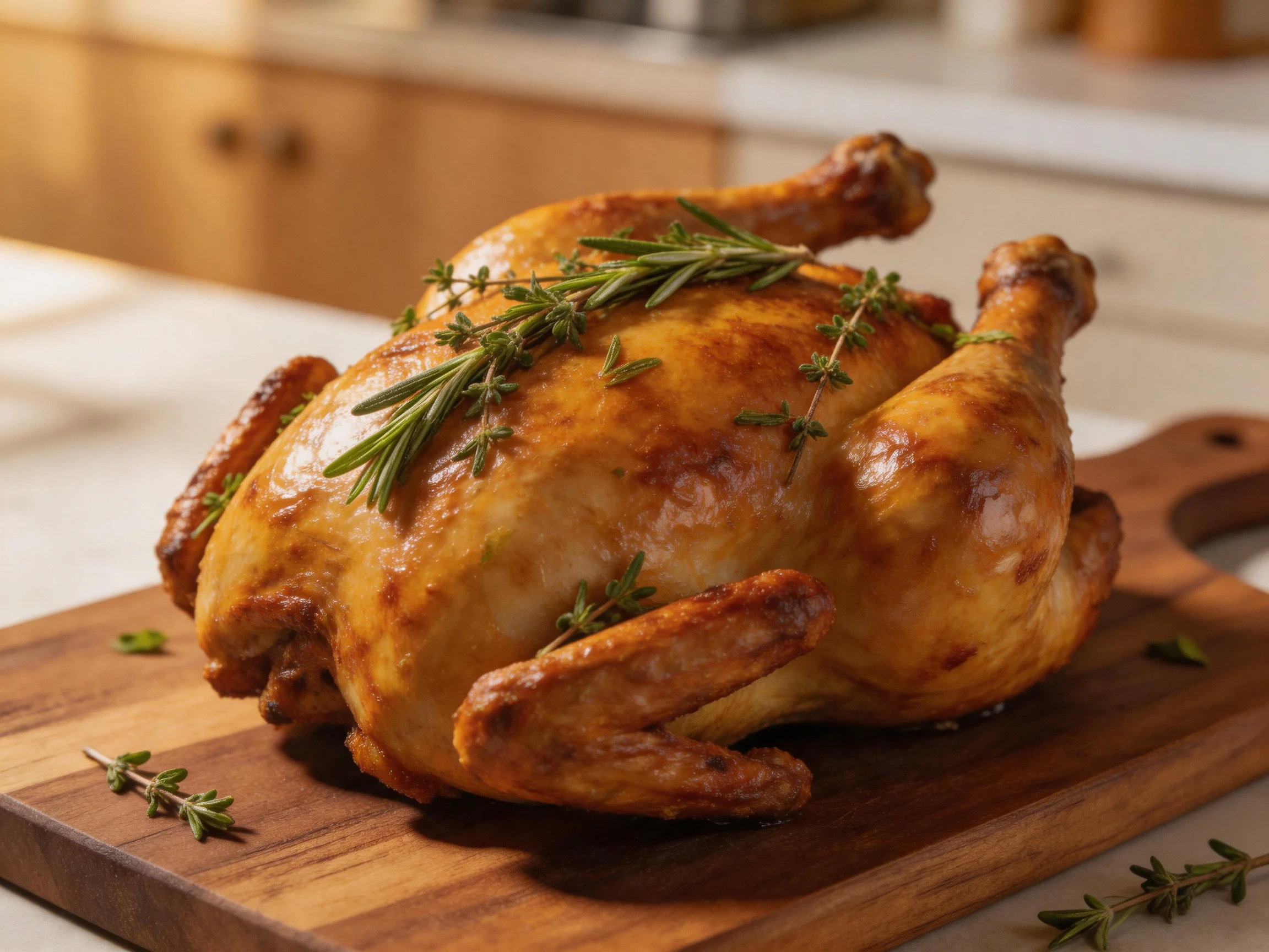 Golden-brown roasted chicken garnished with fresh herbs on a wooden cutting board