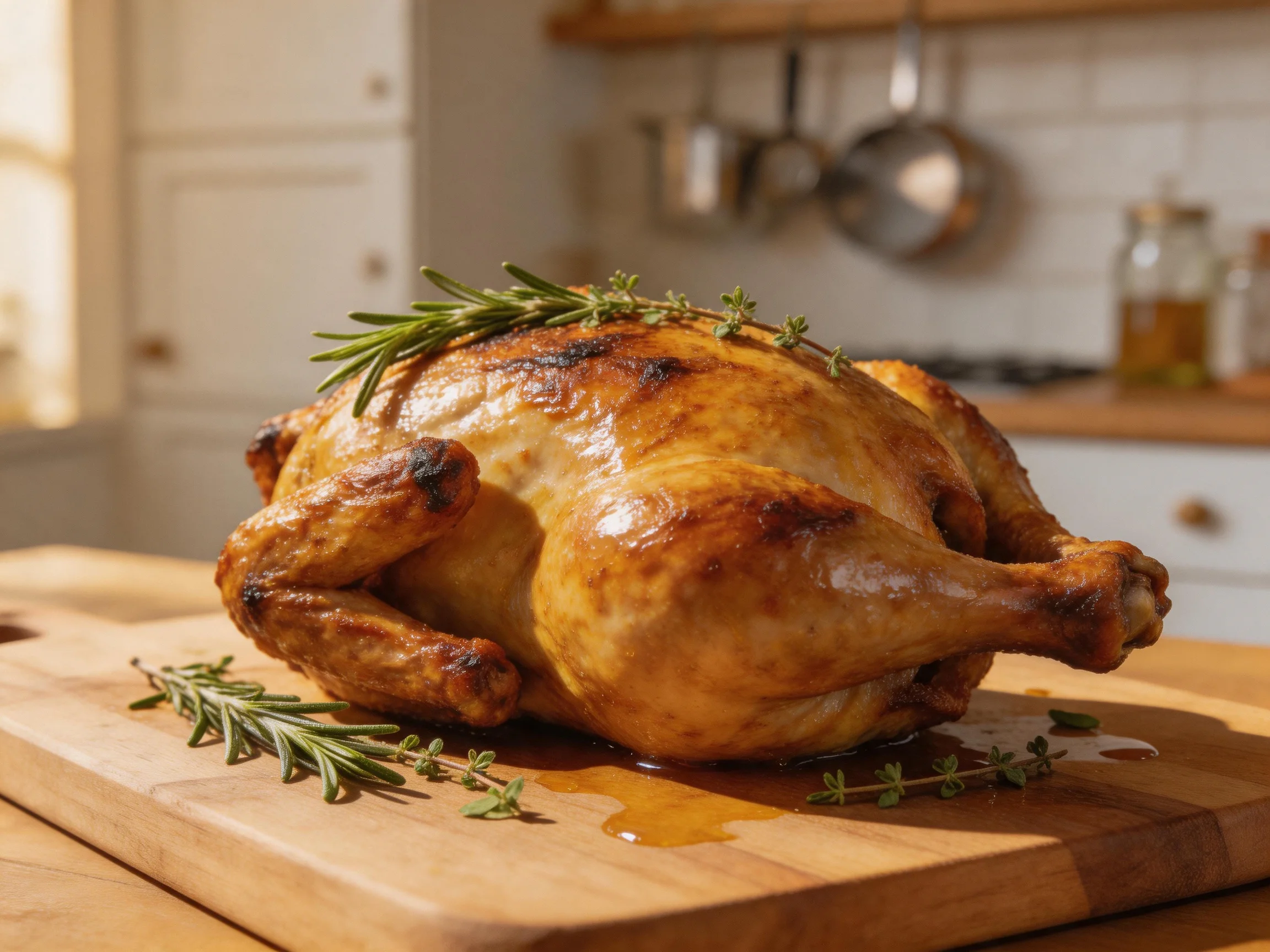 Golden-brown roasted chicken garnished with fresh herbs on a wooden cutting board