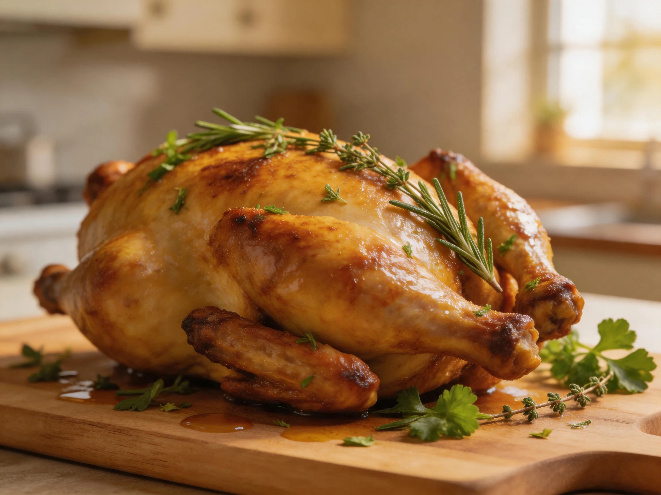 Golden-brown roasted chicken garnished with fresh herbs on a wooden cutting board