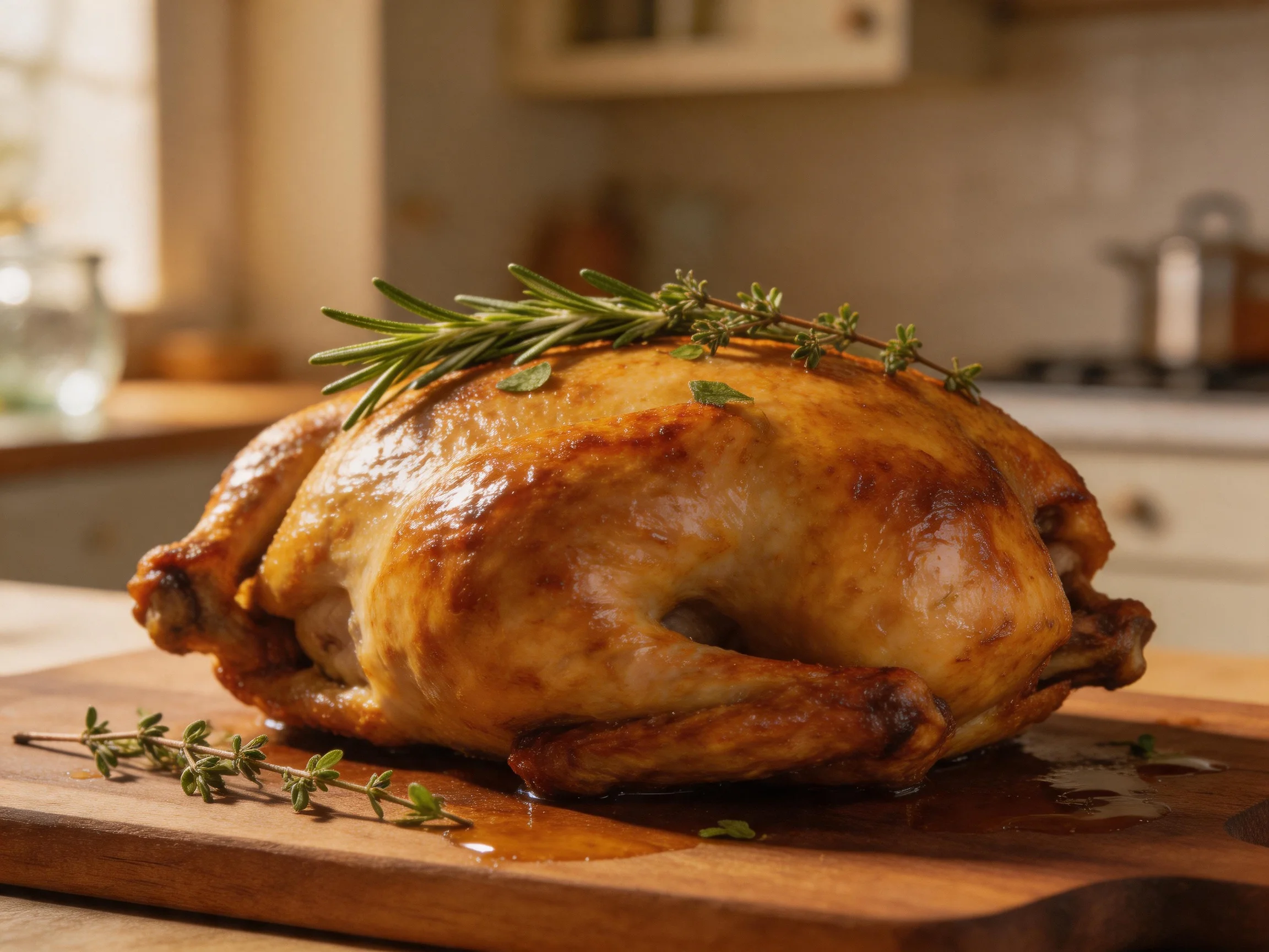 Golden-brown roasted chicken garnished with fresh herbs on a wooden cutting board