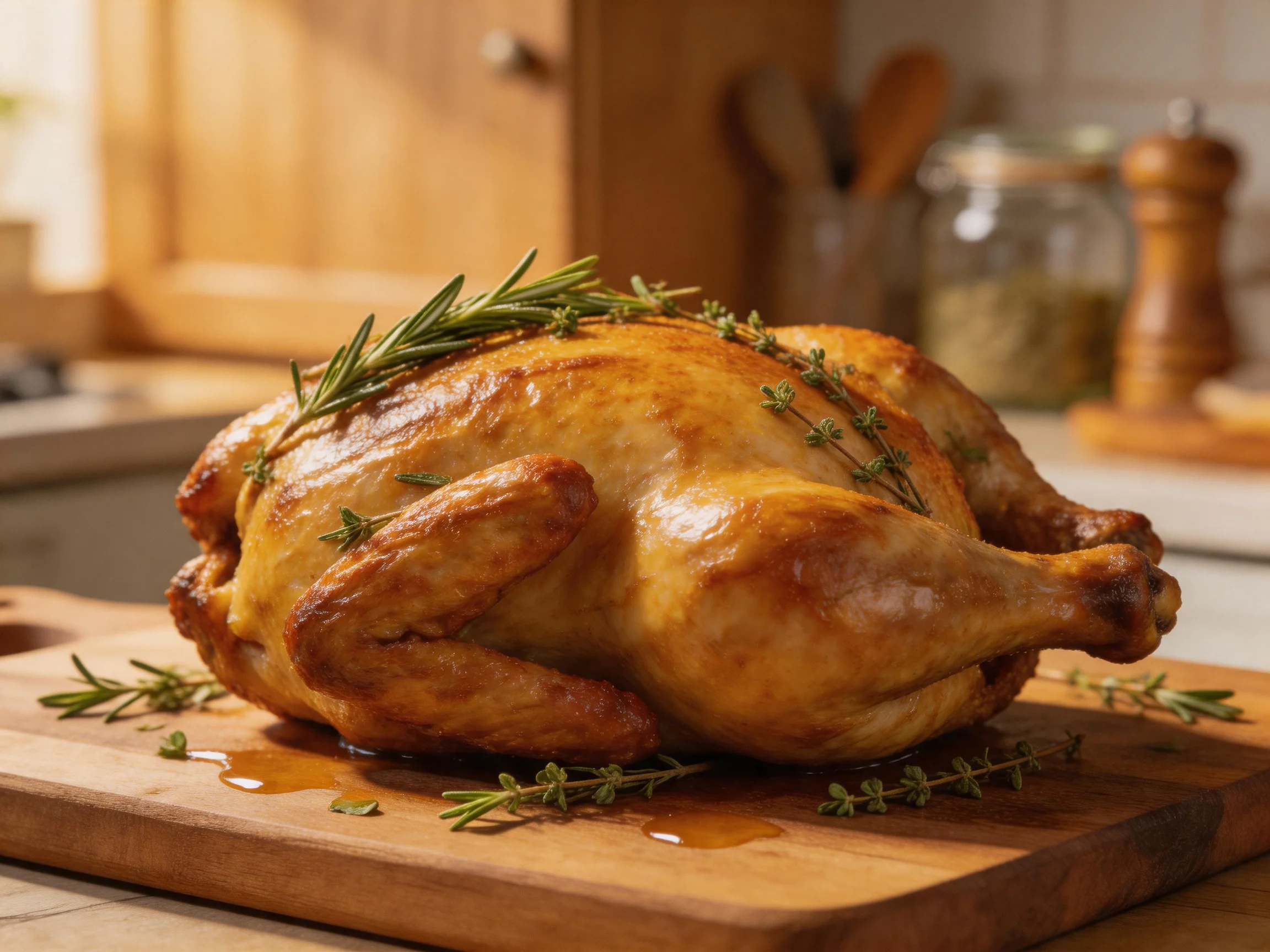 Golden-brown roasted chicken garnished with fresh herbs on a wooden cutting board