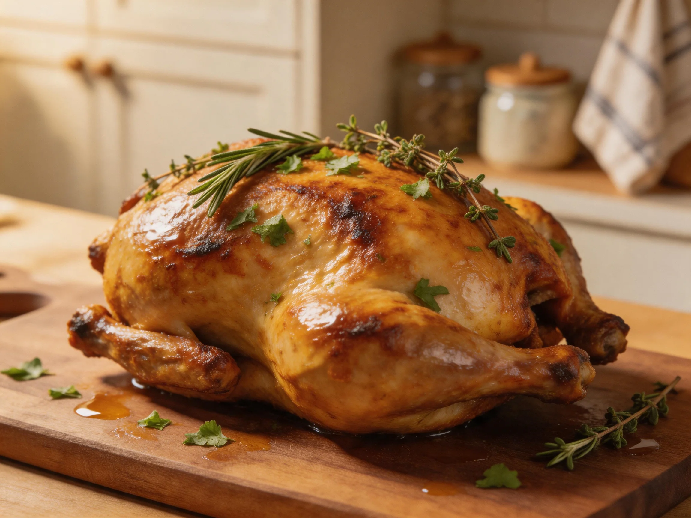 Golden-brown roasted chicken garnished with fresh herbs on a wooden cutting board