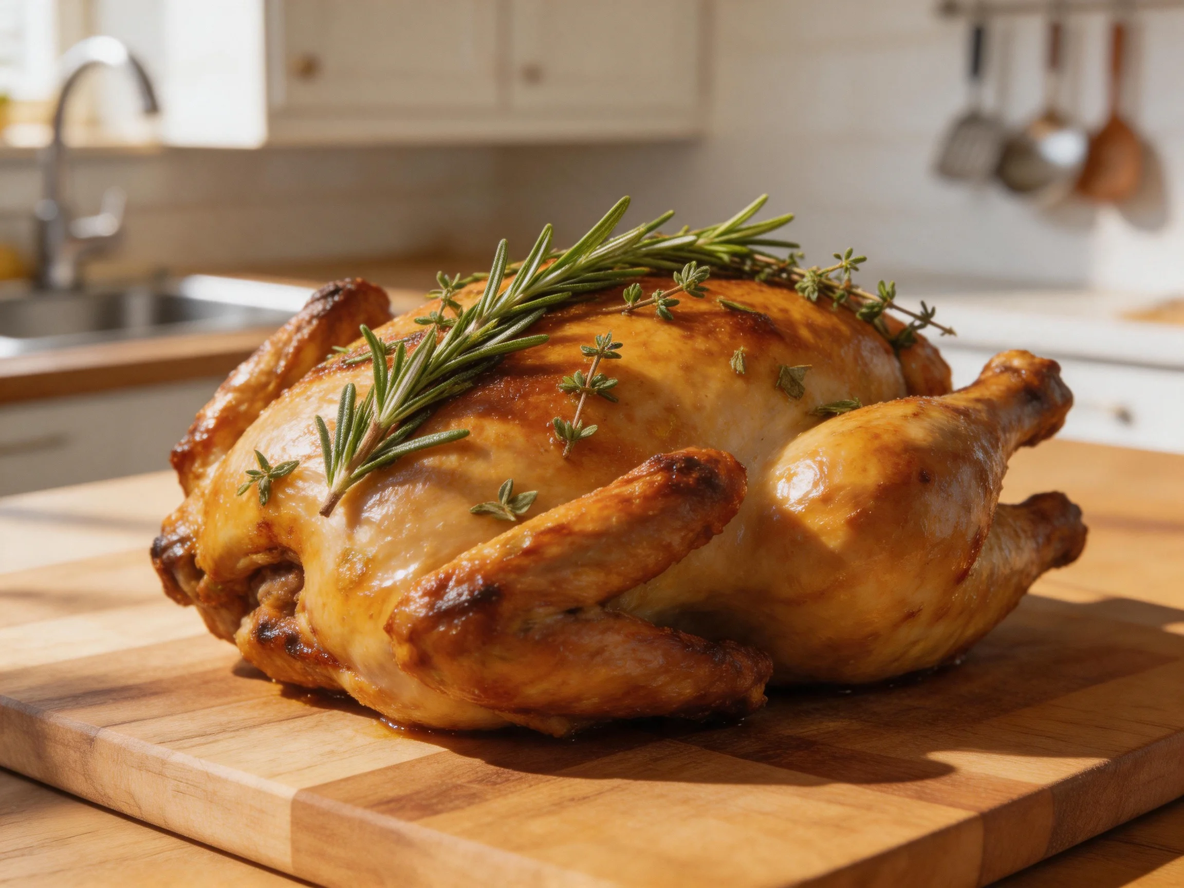 Golden-brown roasted chicken garnished with fresh herbs on a wooden cutting board