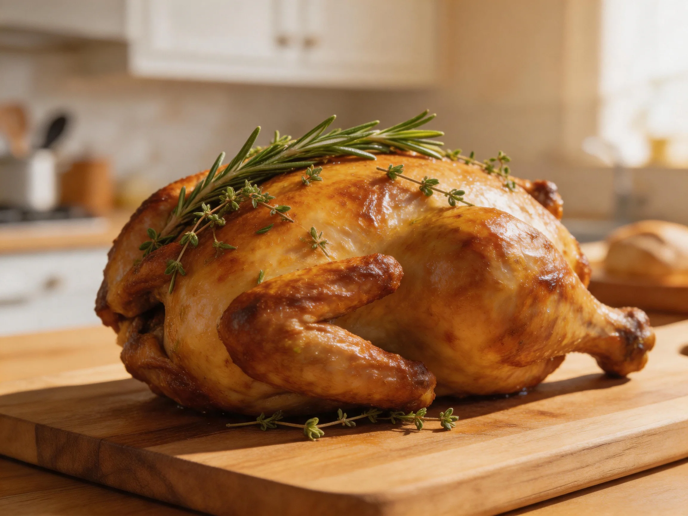 Golden-brown roasted chicken garnished with fresh herbs on a wooden cutting board