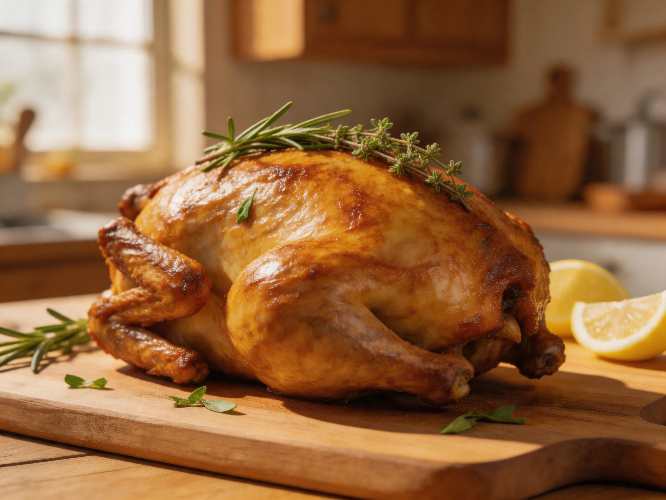 Golden-brown roasted chicken garnished with fresh herbs on a wooden cutting board