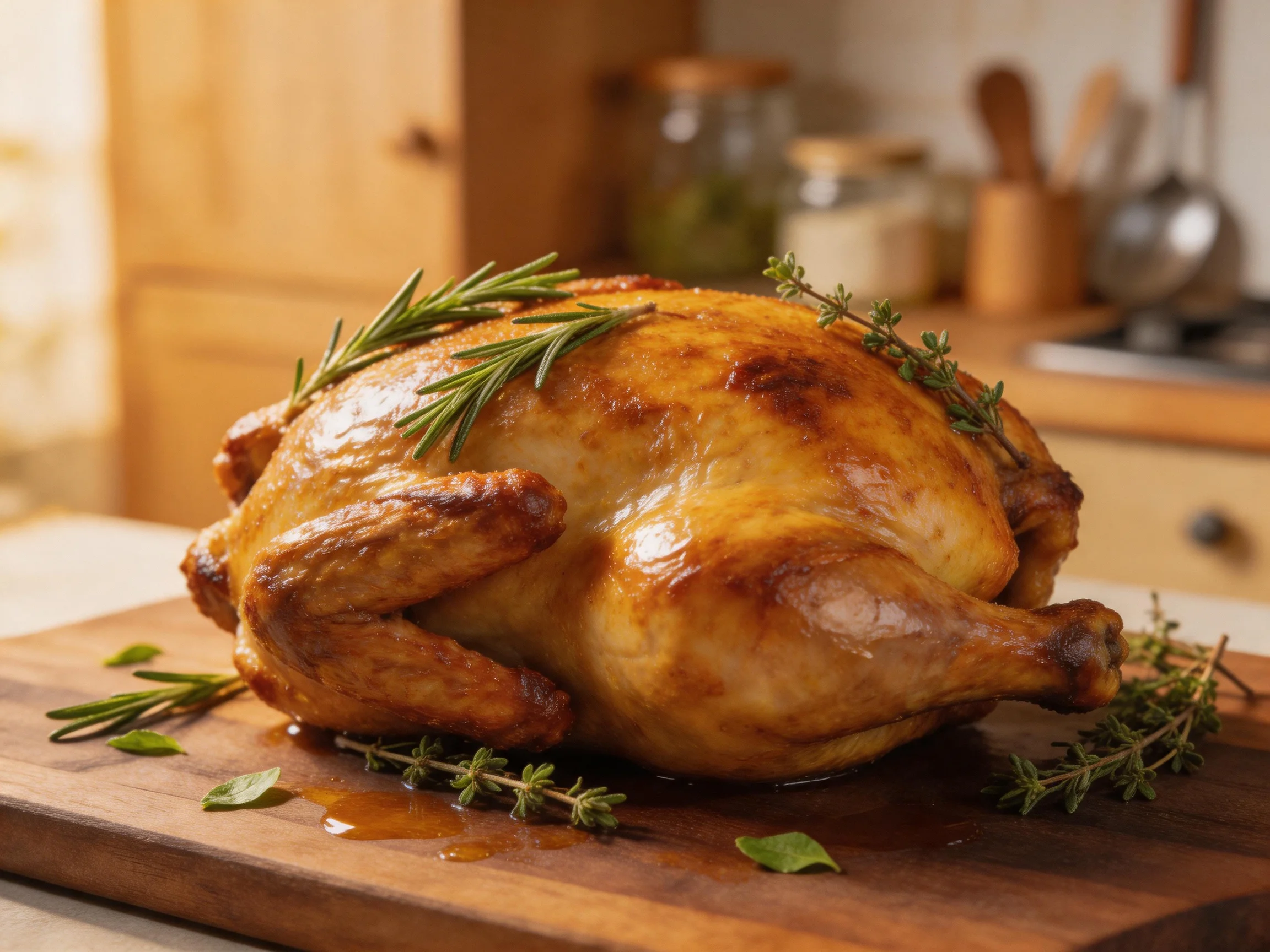 Golden-brown roasted chicken garnished with fresh herbs on a wooden cutting board