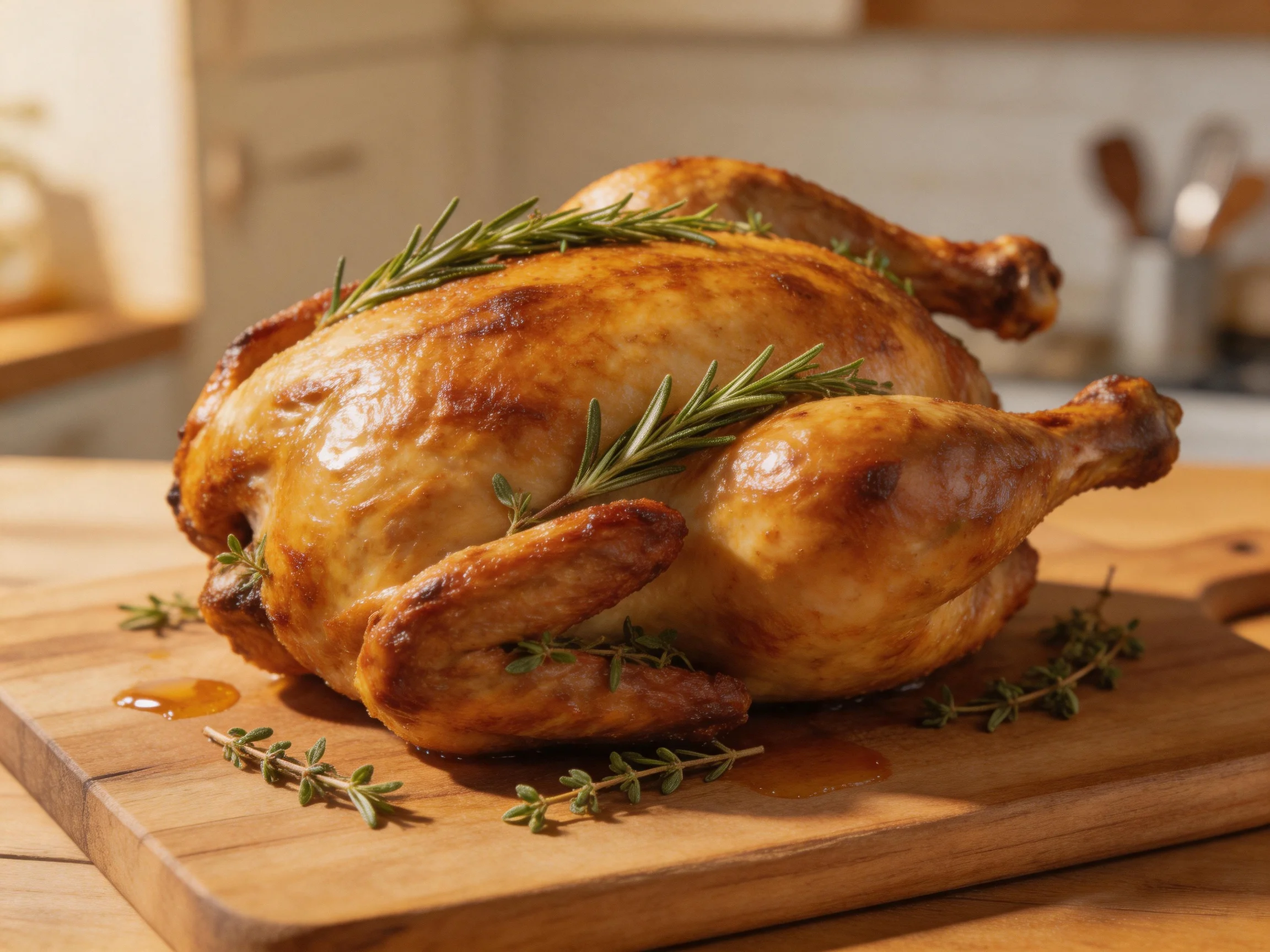 Golden-brown roasted chicken garnished with fresh herbs on a wooden cutting board