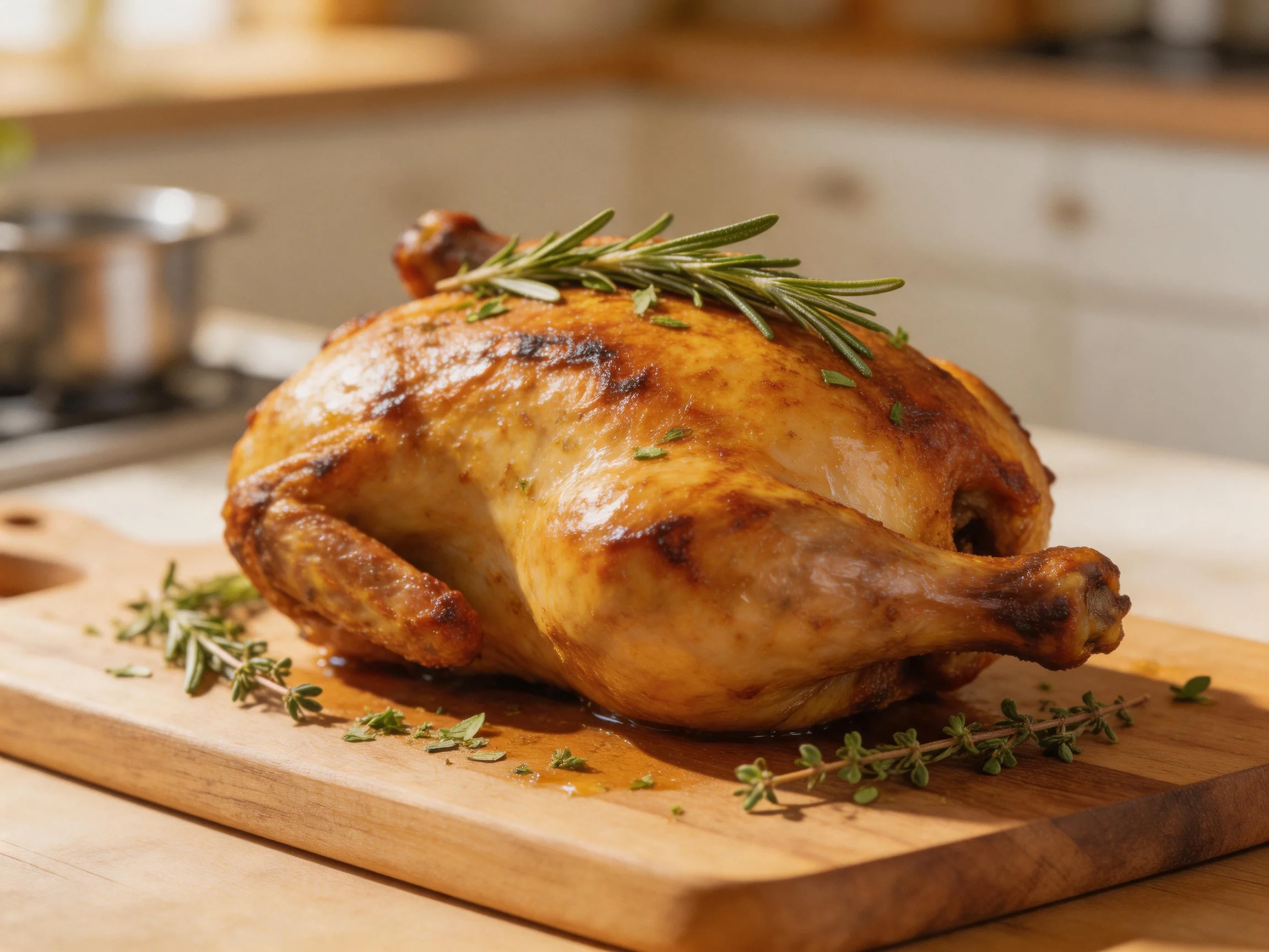 Golden-brown roasted chicken garnished with fresh herbs on a wooden cutting board