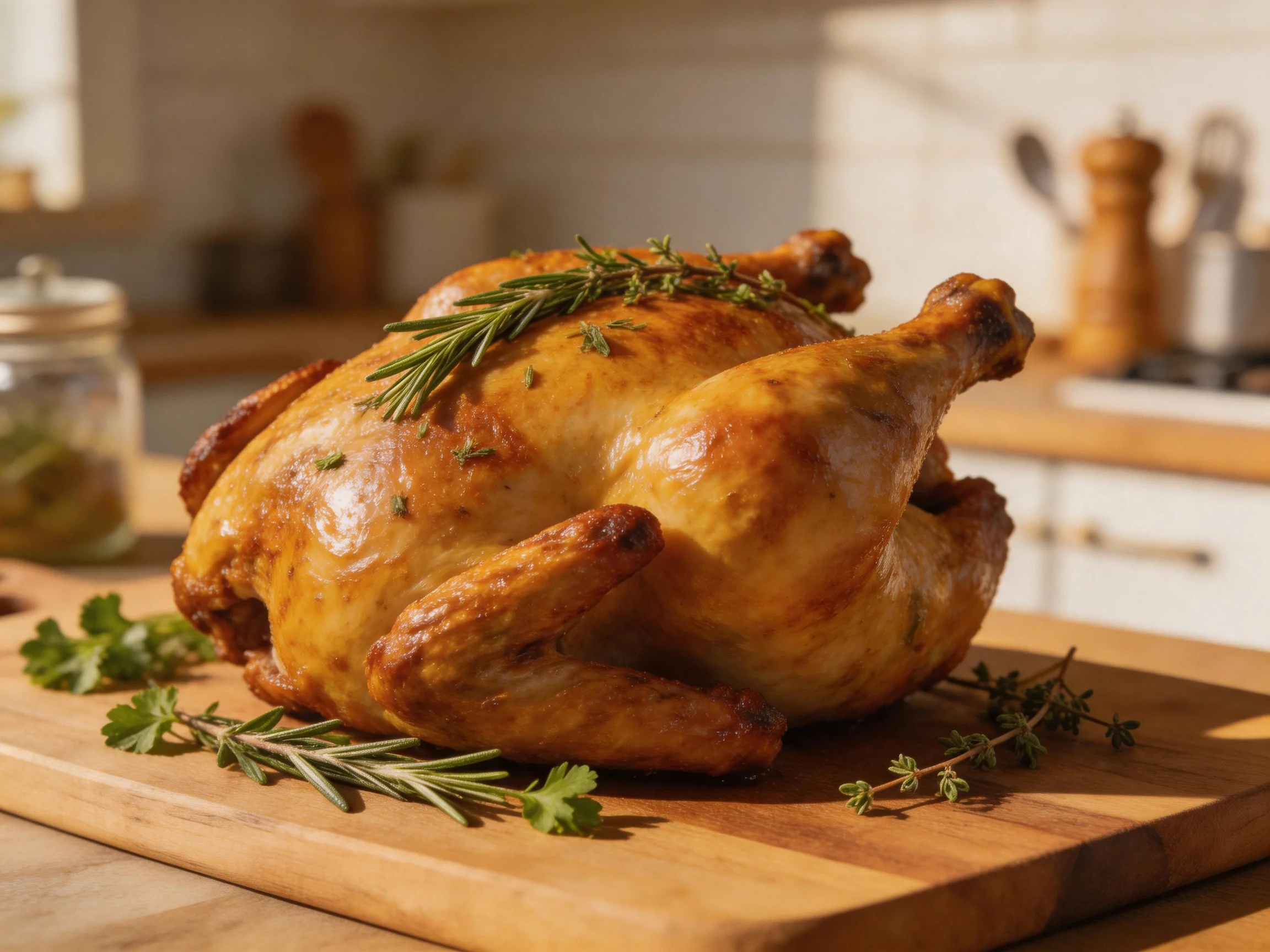 Golden-brown roasted chicken garnished with fresh herbs on a wooden cutting board
