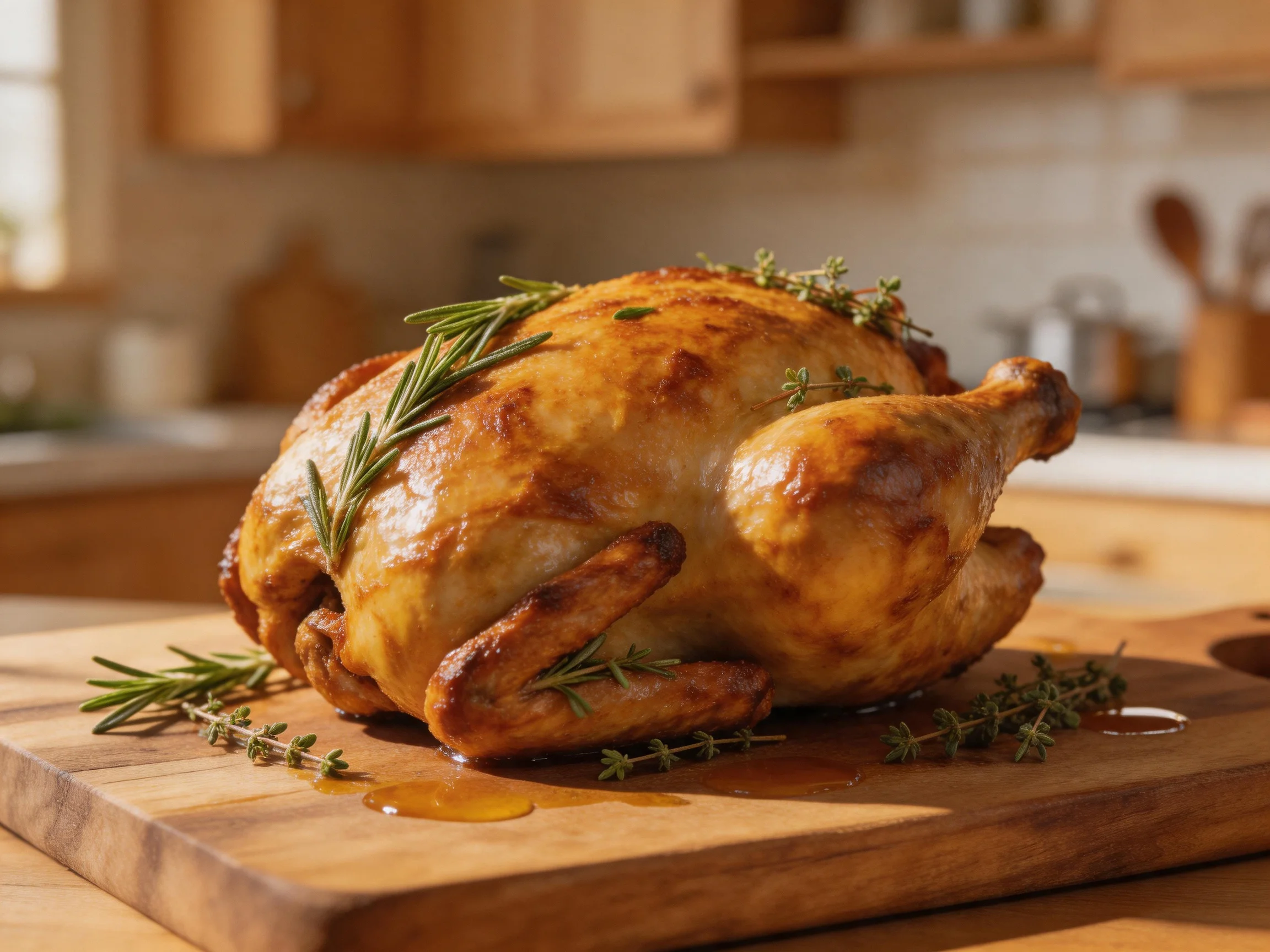 Golden-brown roasted chicken garnished with fresh herbs on a wooden cutting board