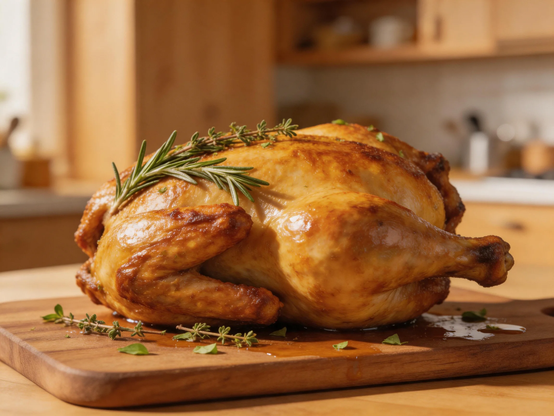 Golden-brown roasted chicken garnished with fresh herbs on a wooden cutting board