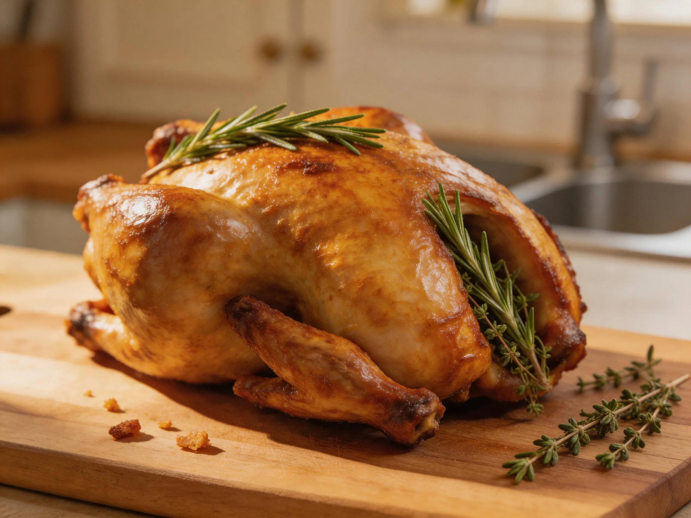 Golden-brown roasted chicken garnished with fresh herbs on a wooden cutting board