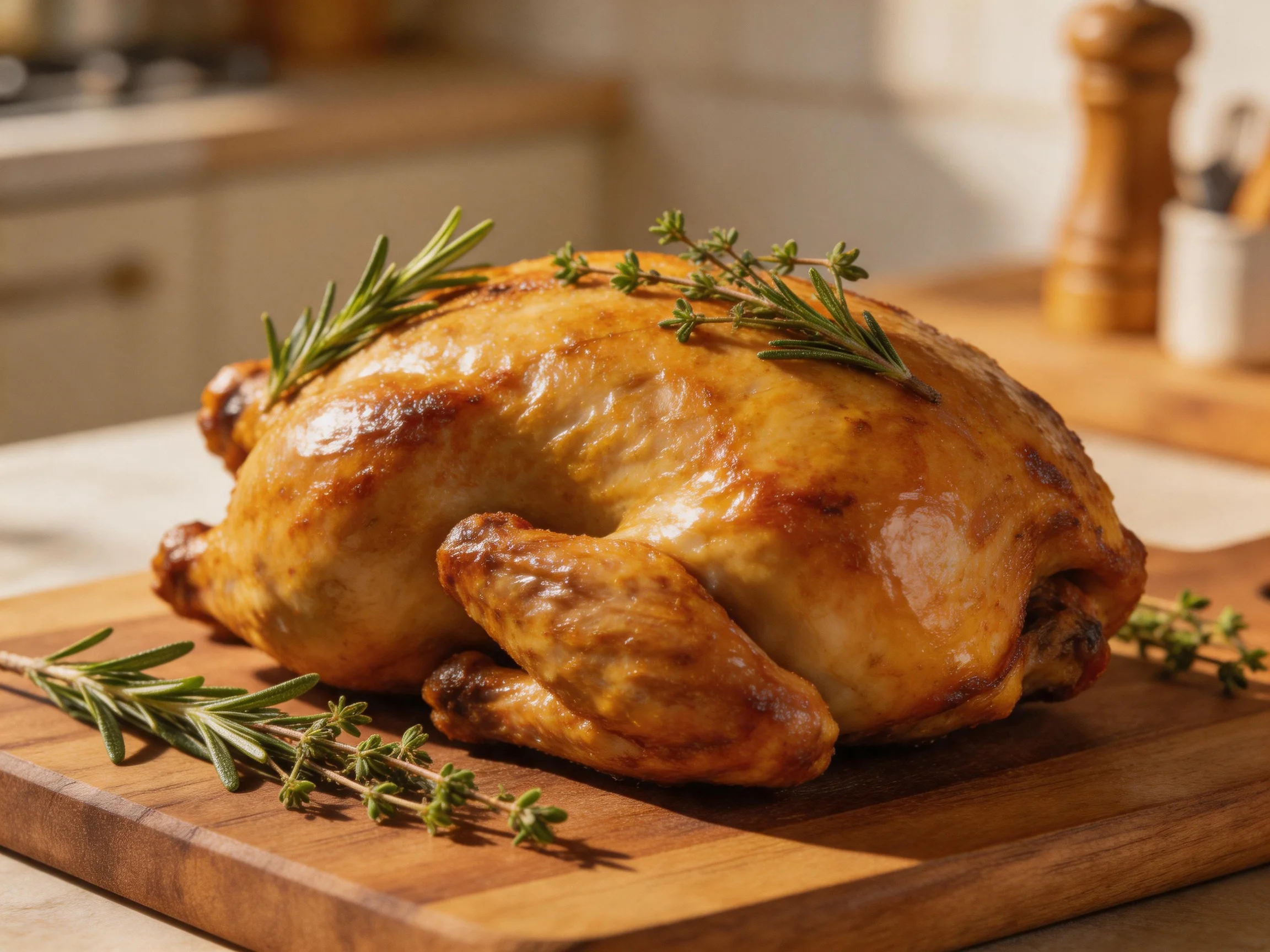 Golden-brown roasted chicken garnished with fresh herbs on a wooden cutting board