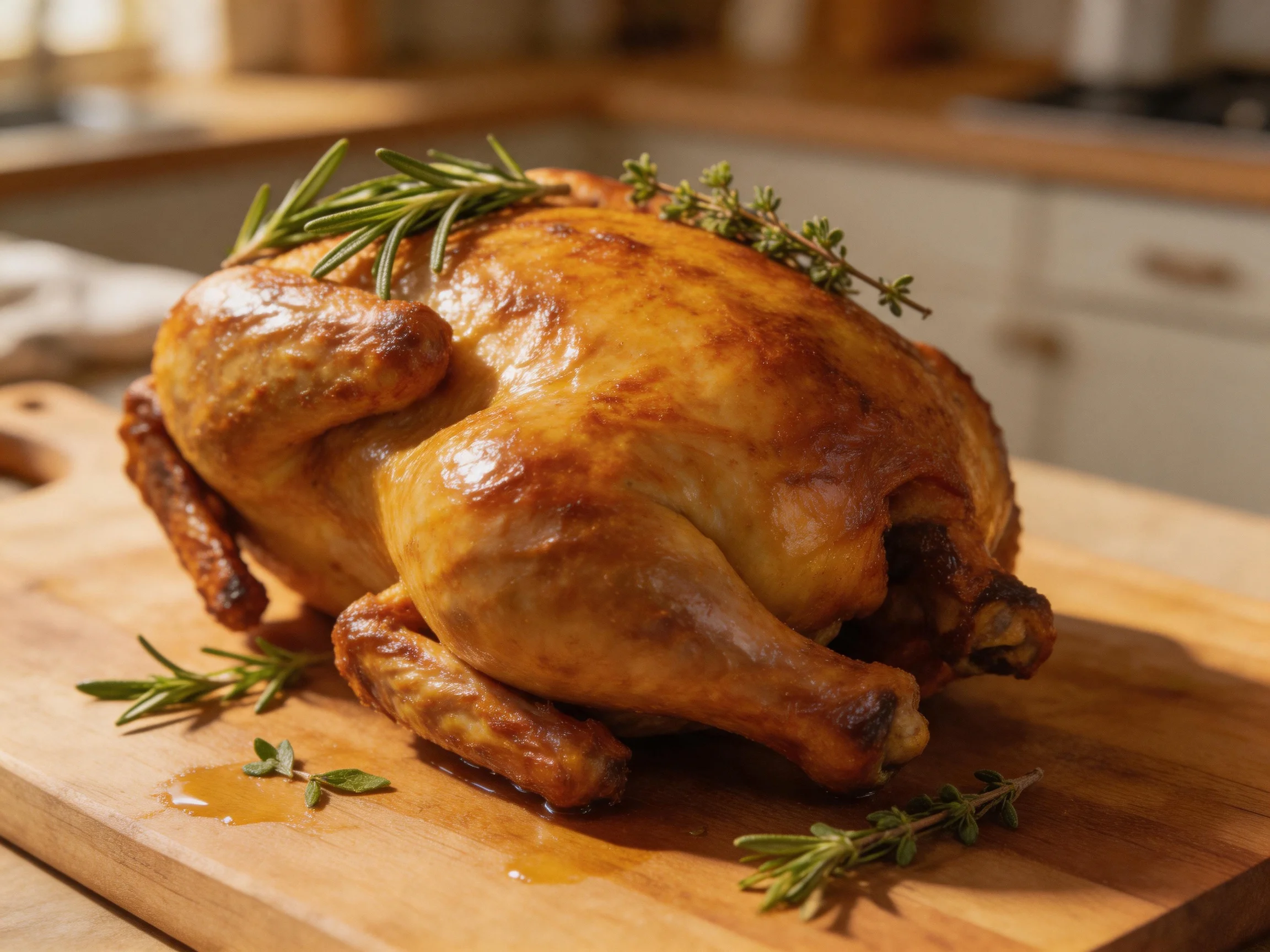 Golden-brown roasted chicken garnished with fresh herbs on a wooden cutting board