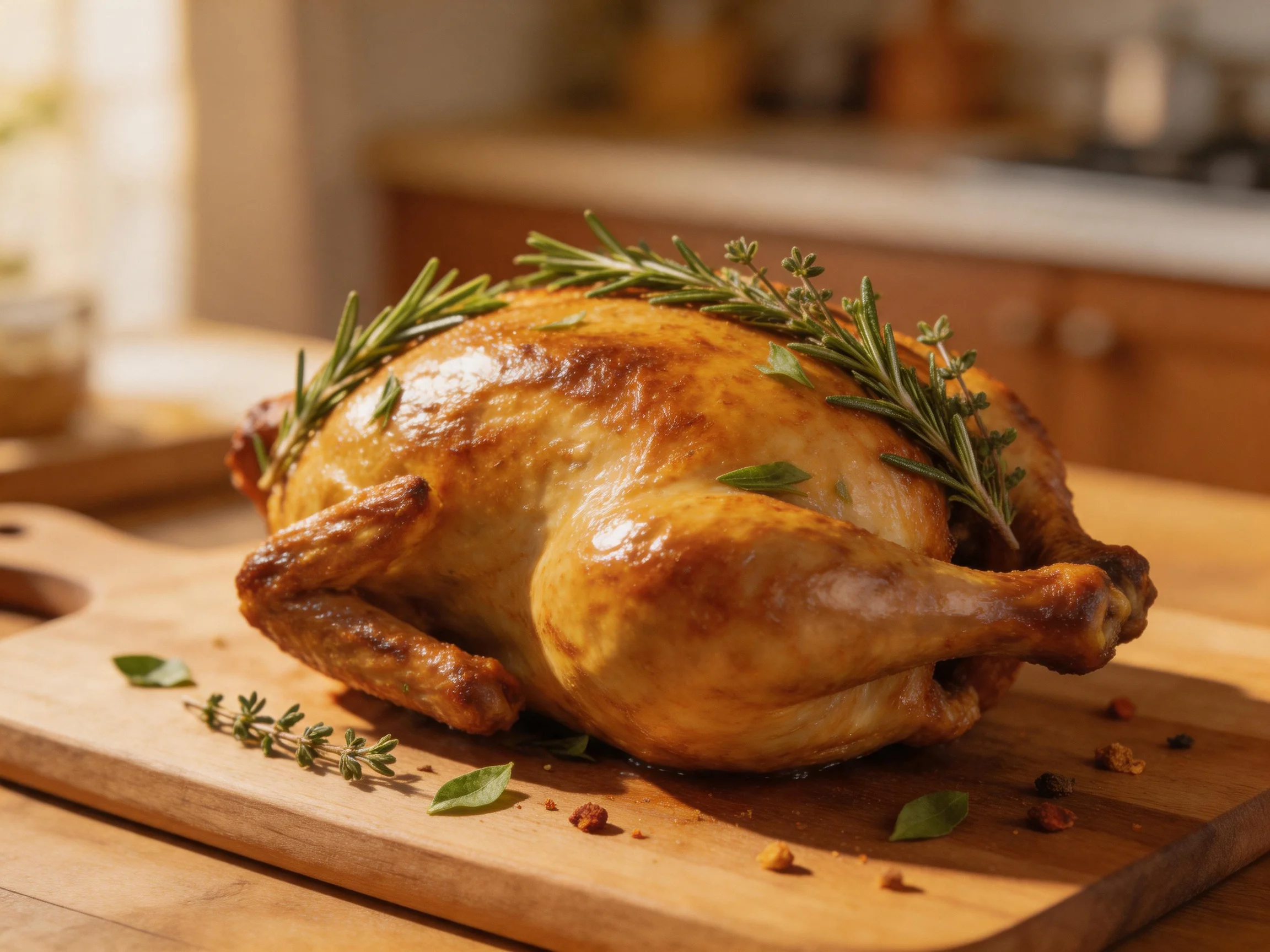 Golden-brown roasted chicken garnished with fresh herbs on a wooden cutting board