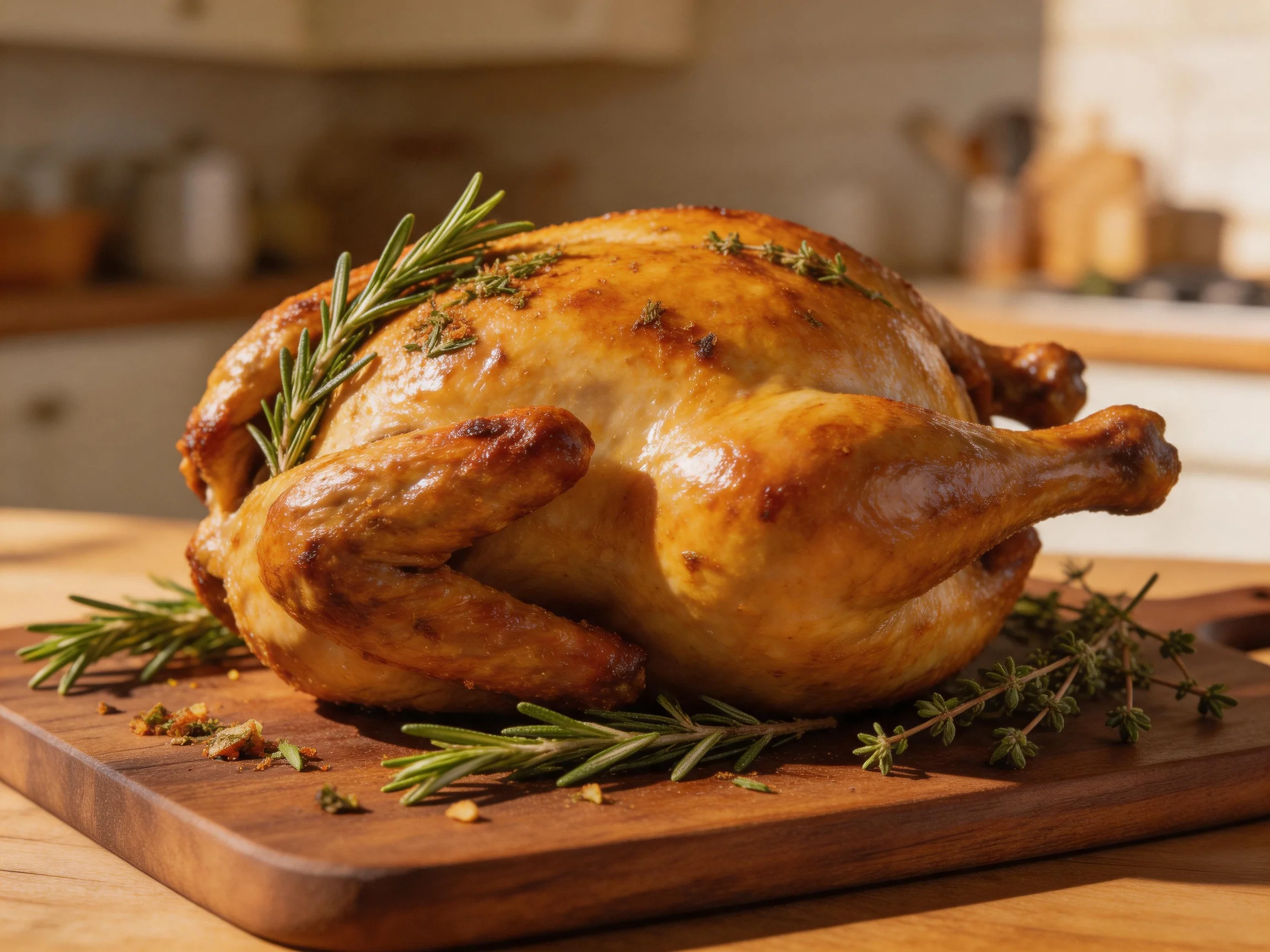 Golden-brown roasted chicken garnished with fresh herbs on wooden cutting board