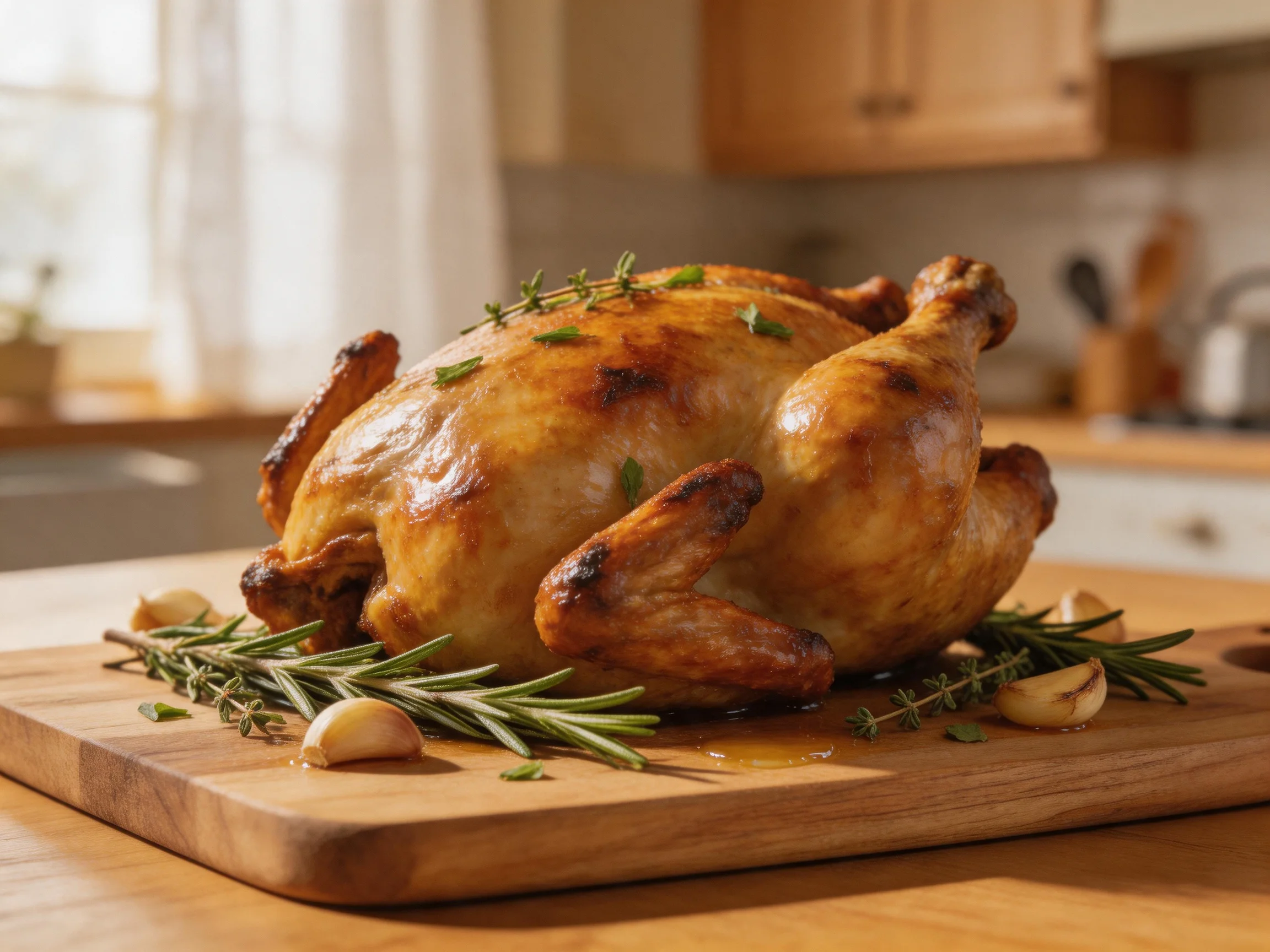 Golden-brown roasted chicken garnished with fresh herbs on wooden cutting board
