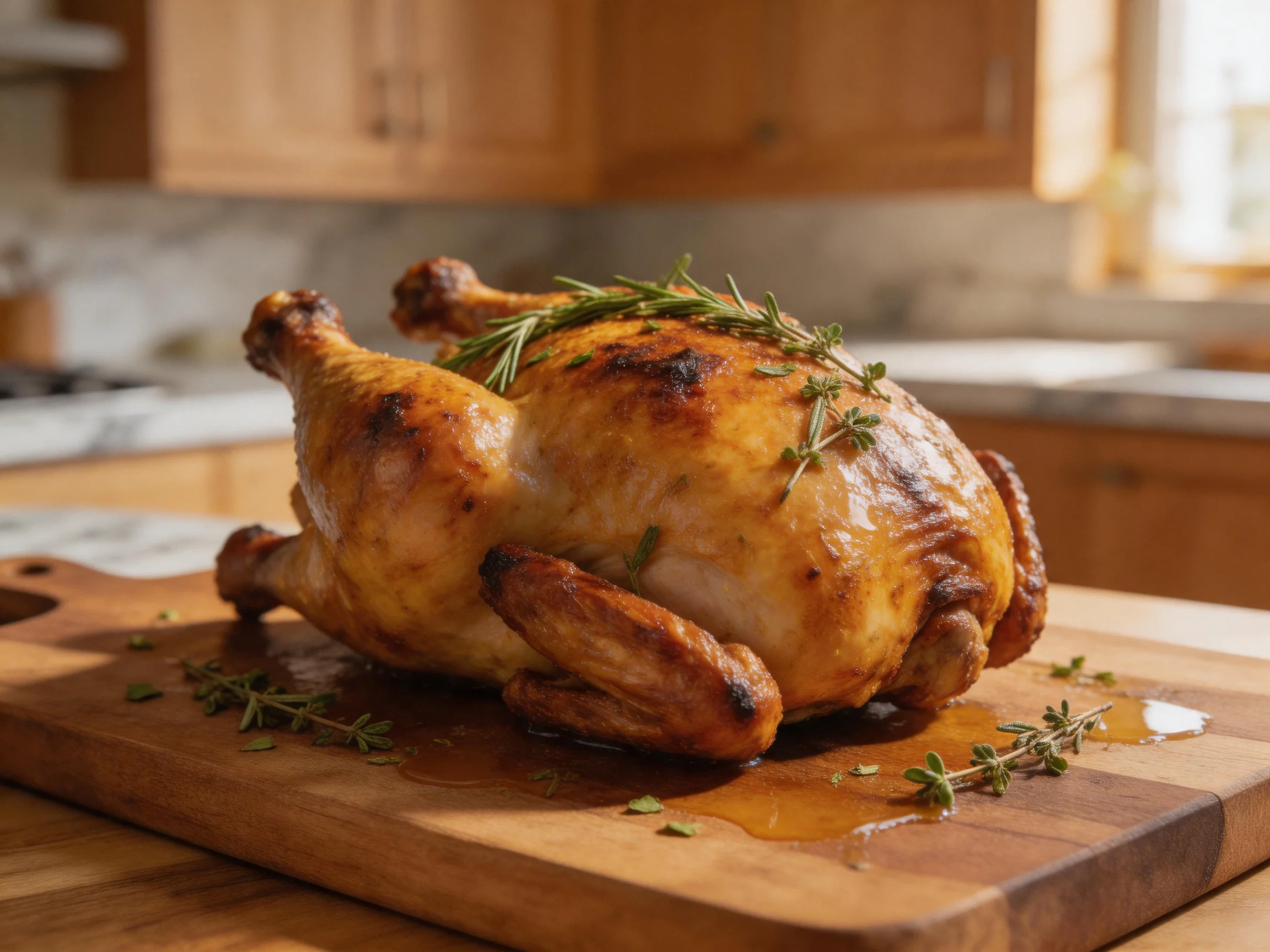 Golden-brown roasted chicken garnished with fresh herbs on wooden cutting board