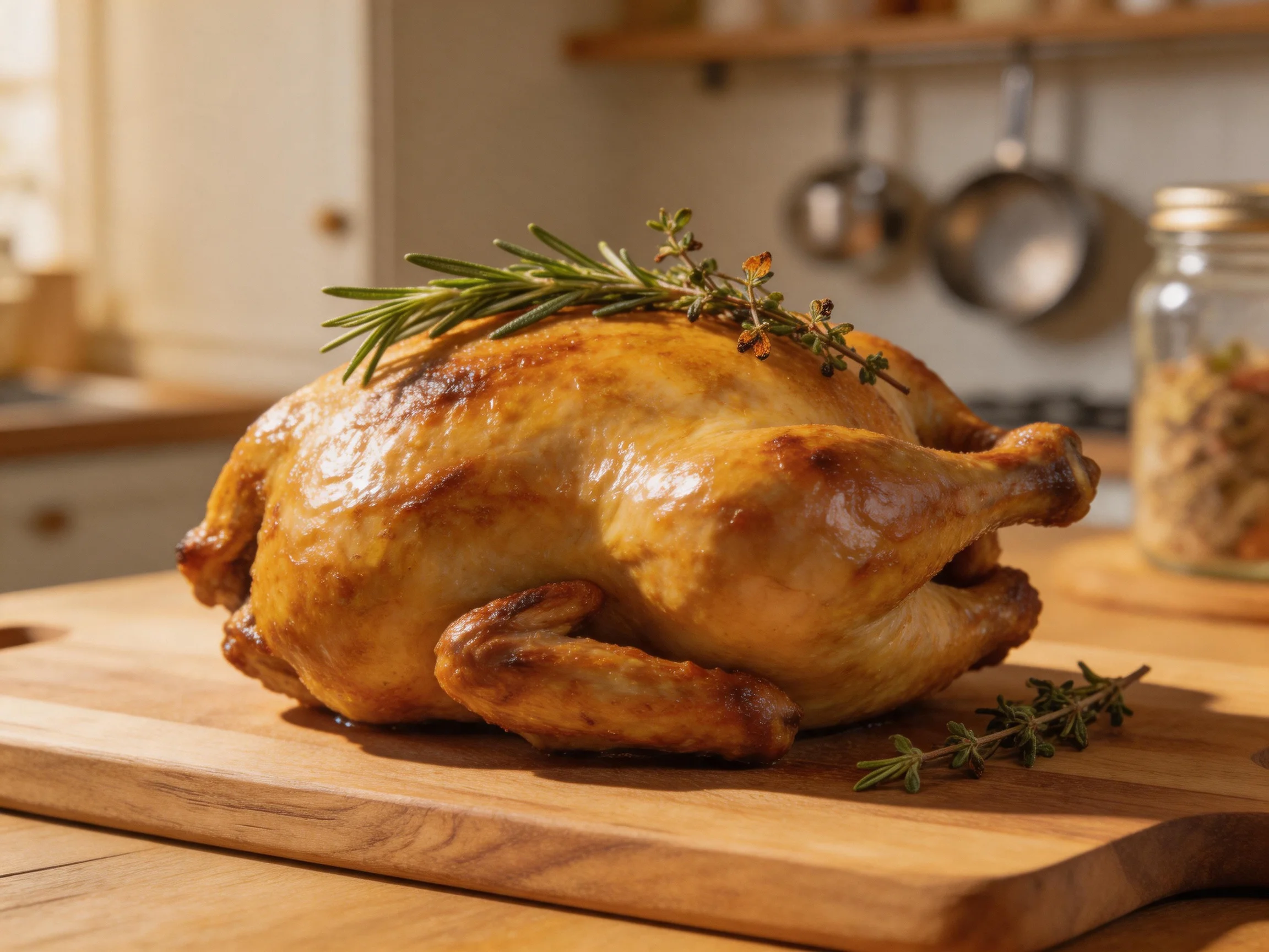 Golden-brown roasted chicken garnished with fresh herbs on wooden cutting board
