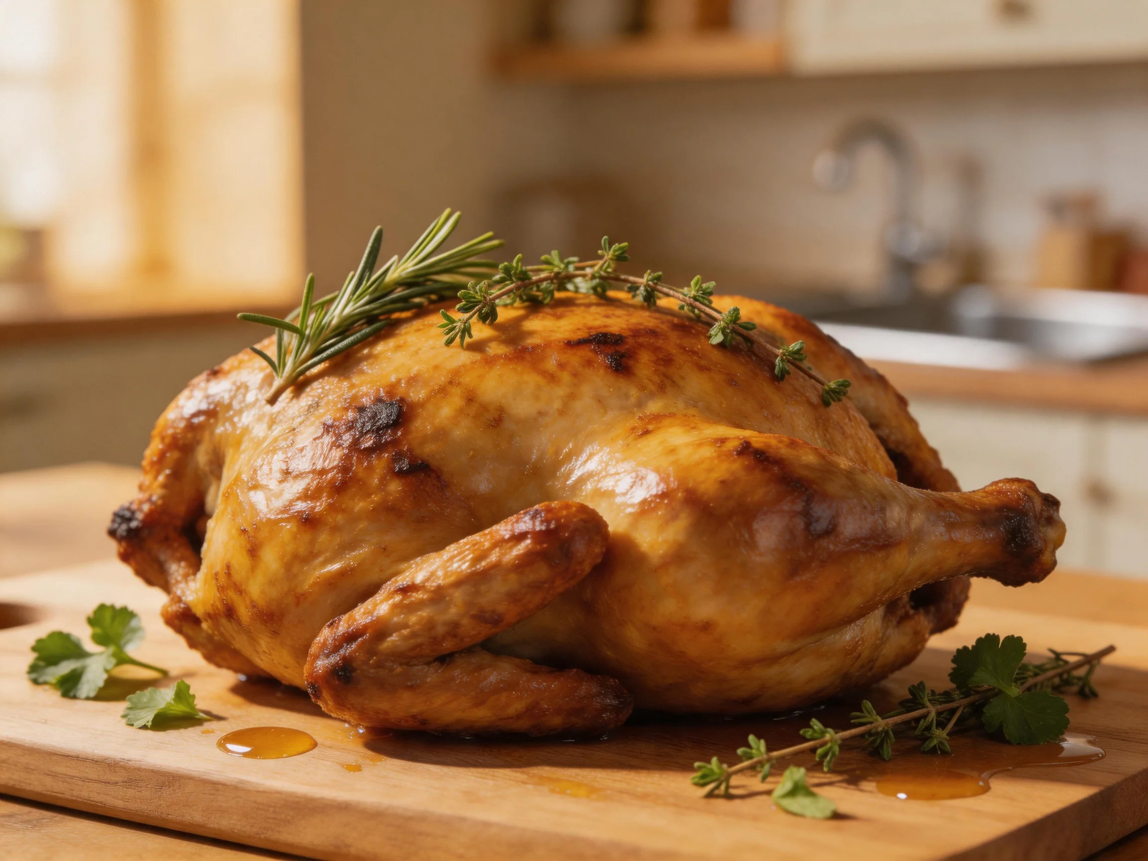 Golden-brown roasted chicken garnished with fresh herbs on wooden cutting board