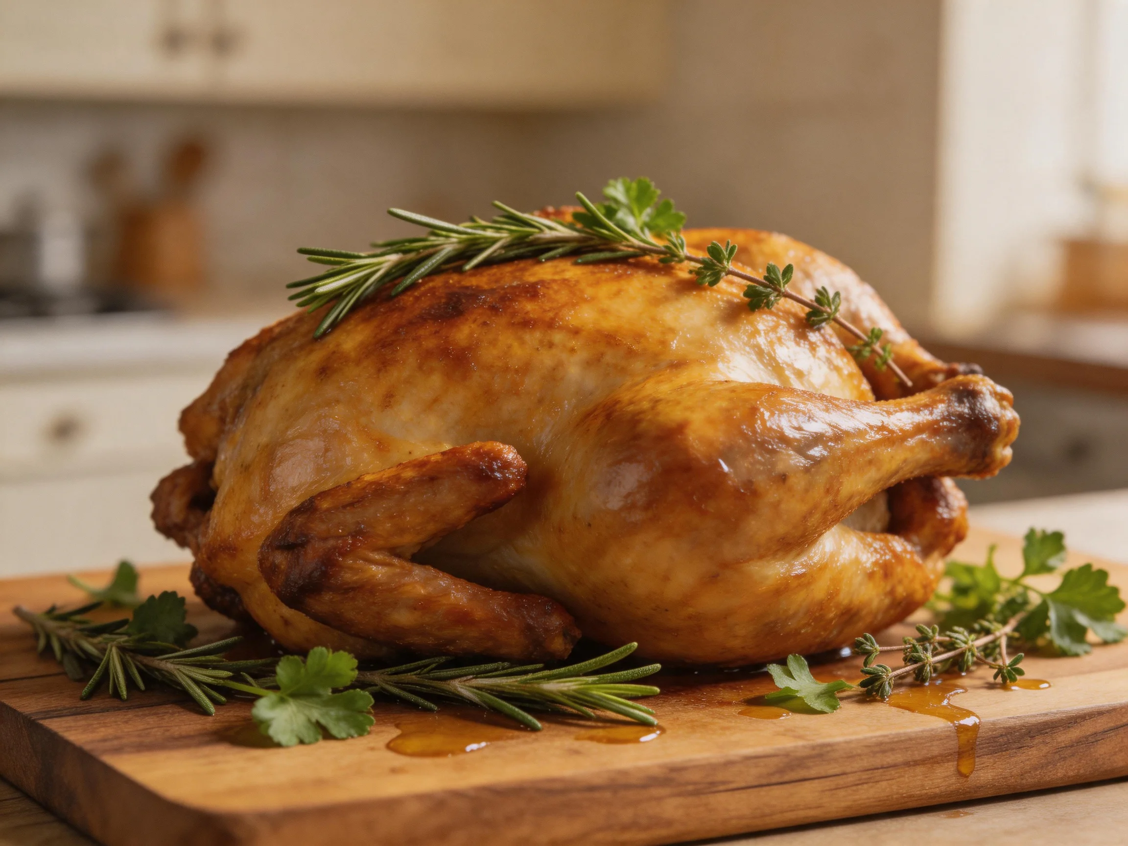 Golden-brown roasted chicken garnished with fresh herbs on wooden cutting board