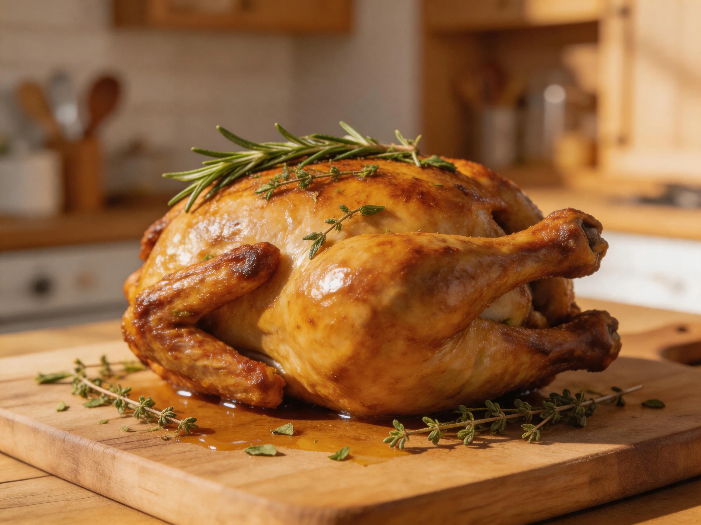Golden-brown roasted chicken garnished with fresh herbs on wooden cutting board