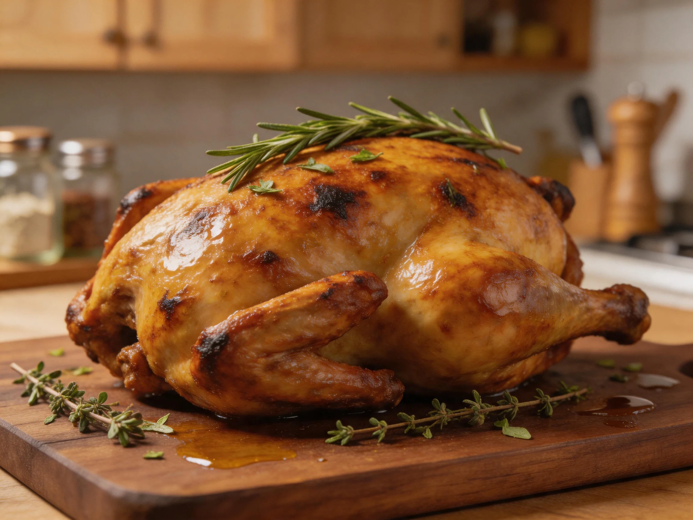 Golden-brown roasted chicken garnished with fresh herbs on wooden cutting board