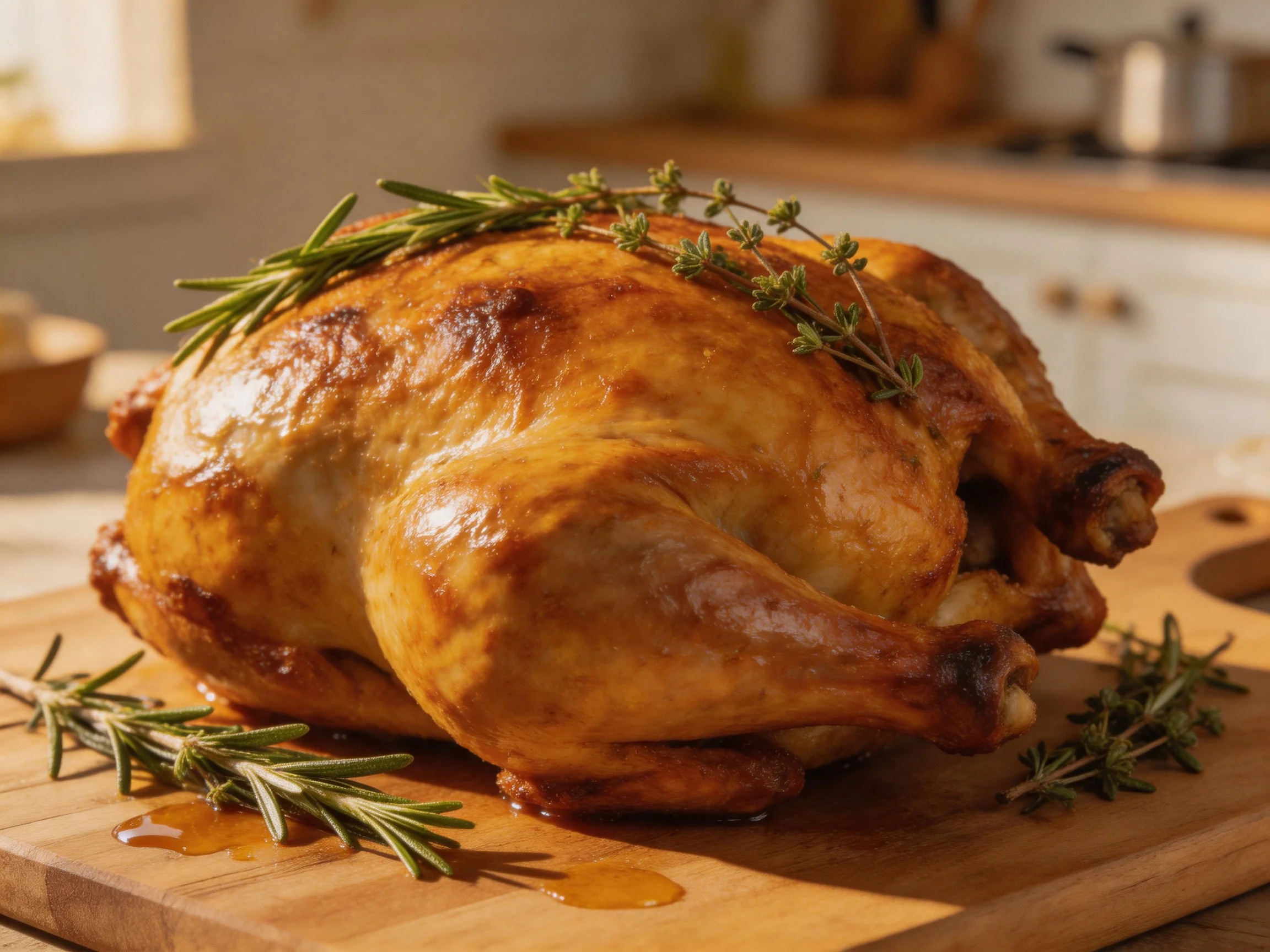 A golden-brown roasted chicken garnished with herbs rests on a wooden cutting board.