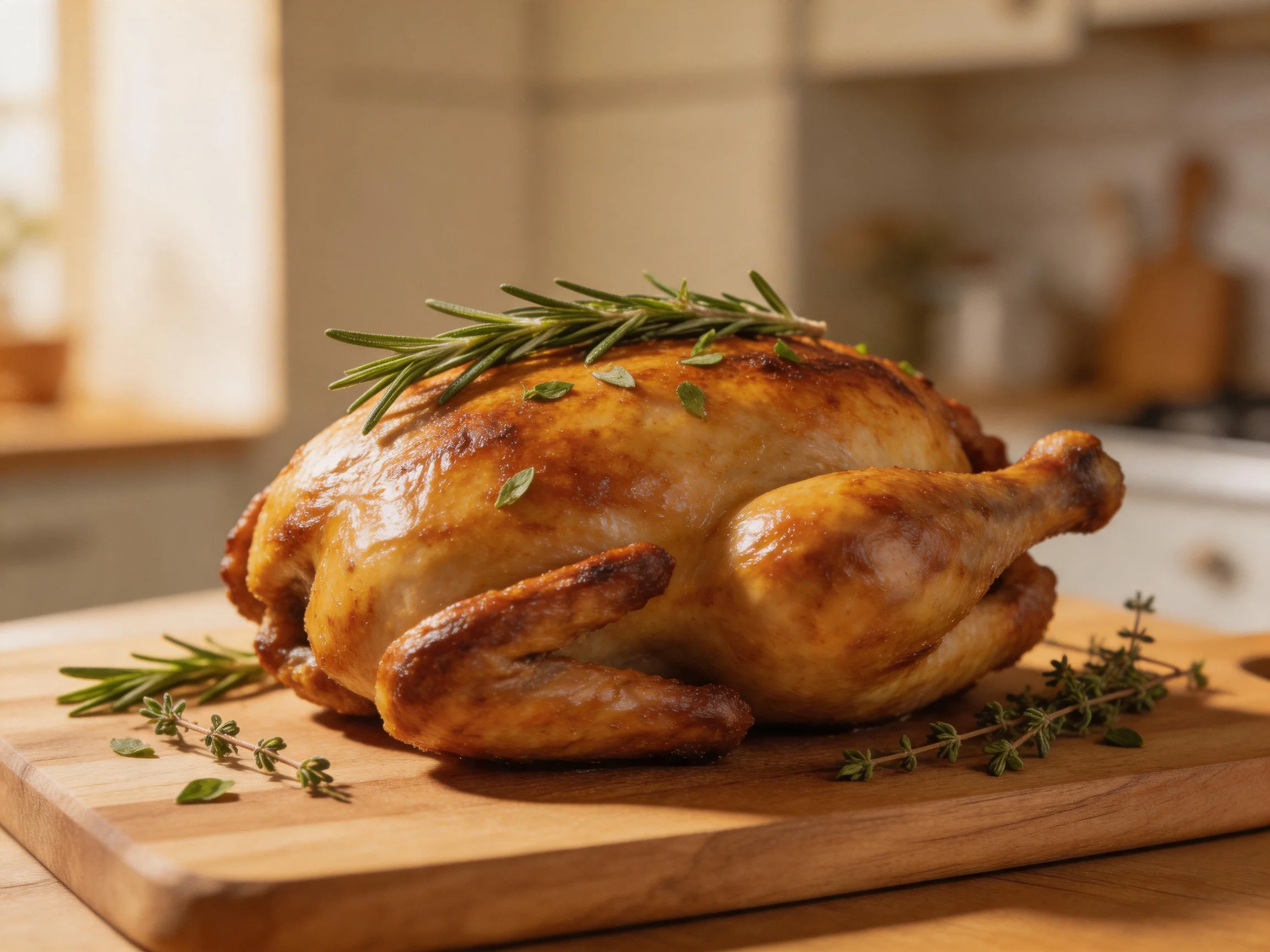 Golden-brown roasted chicken garnished with fresh herbs on wooden cutting board