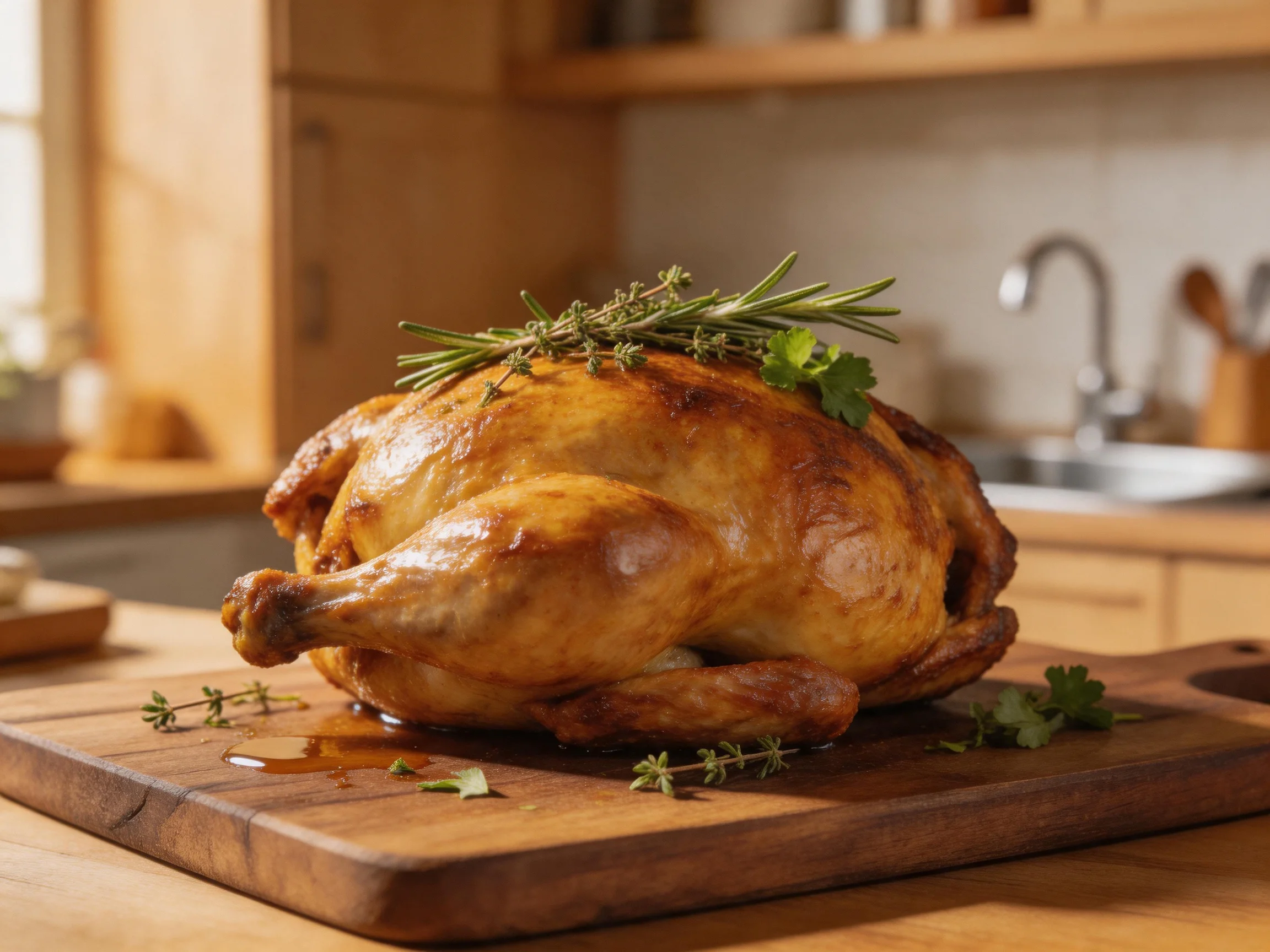 Golden-brown roasted chicken garnished with fresh herbs on wooden cutting board