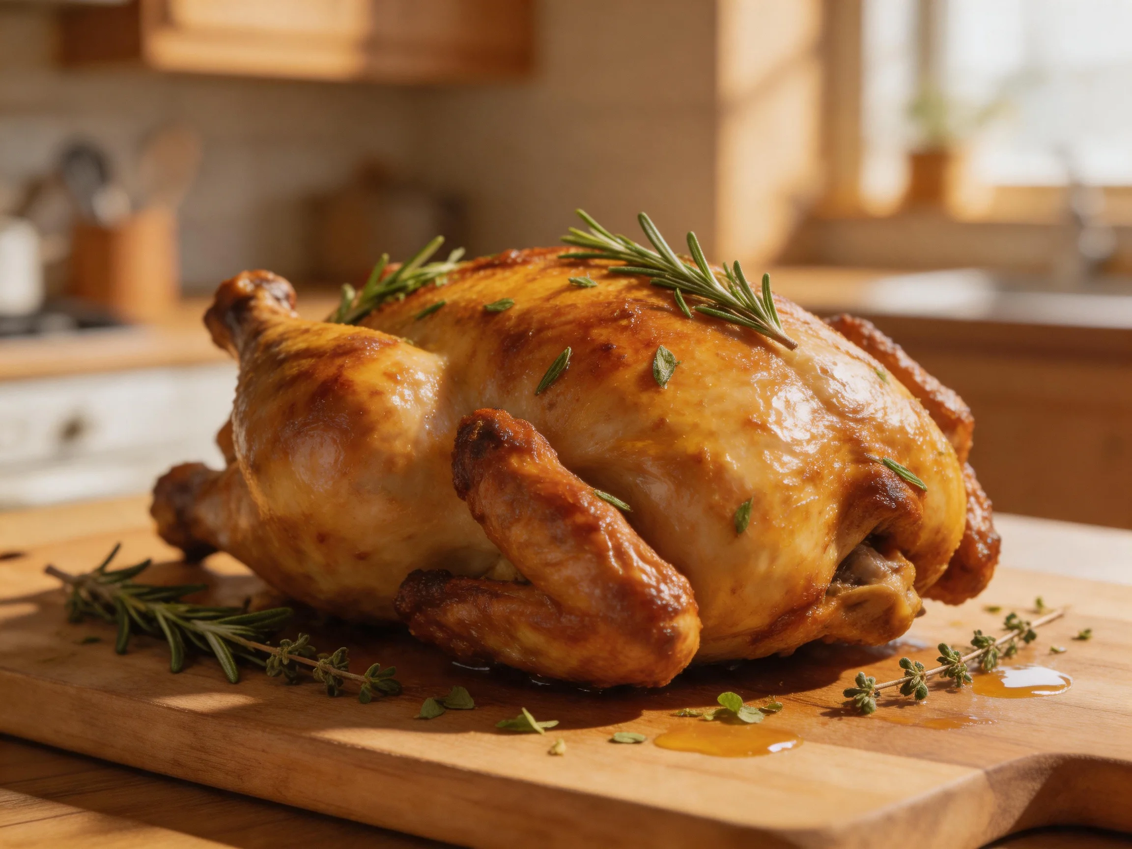 Golden-brown roasted chicken garnished with fresh herbs on wooden cutting board