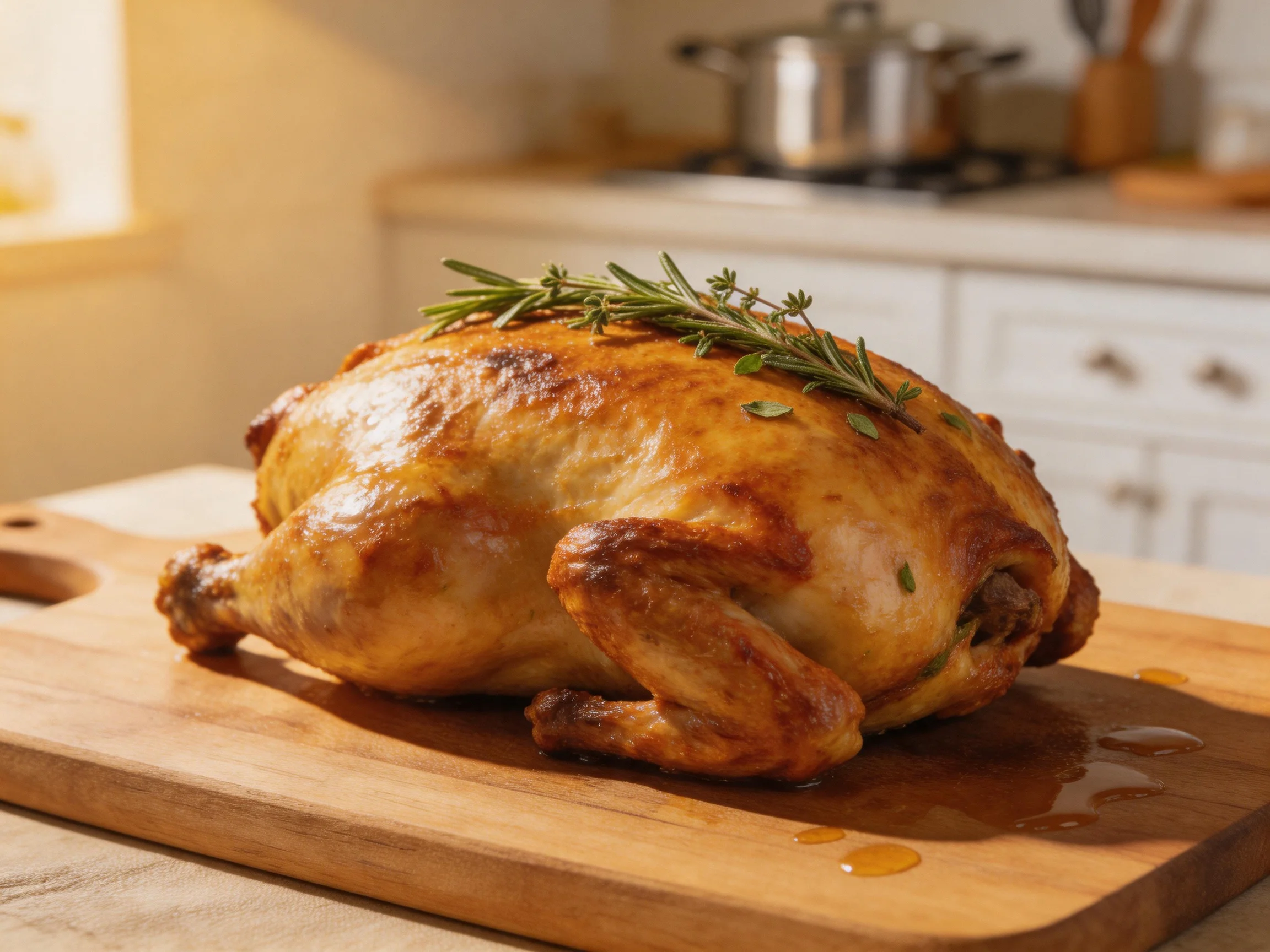 Golden-brown roasted chicken garnished with fresh herbs on wooden cutting board